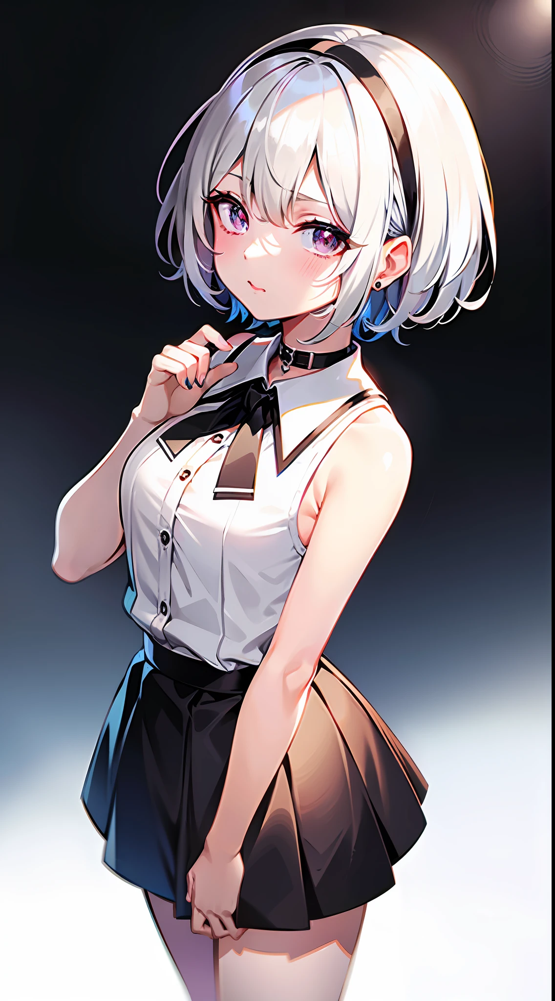 best quality, ultra high res, 1girl, sleeveless white button shirt, black skirt, black choker, cute, (Kpop idol), (aegyo sal:1), (platinum blonde hair:1), ((puffy eyes)), looking at viewer, full body, facing front