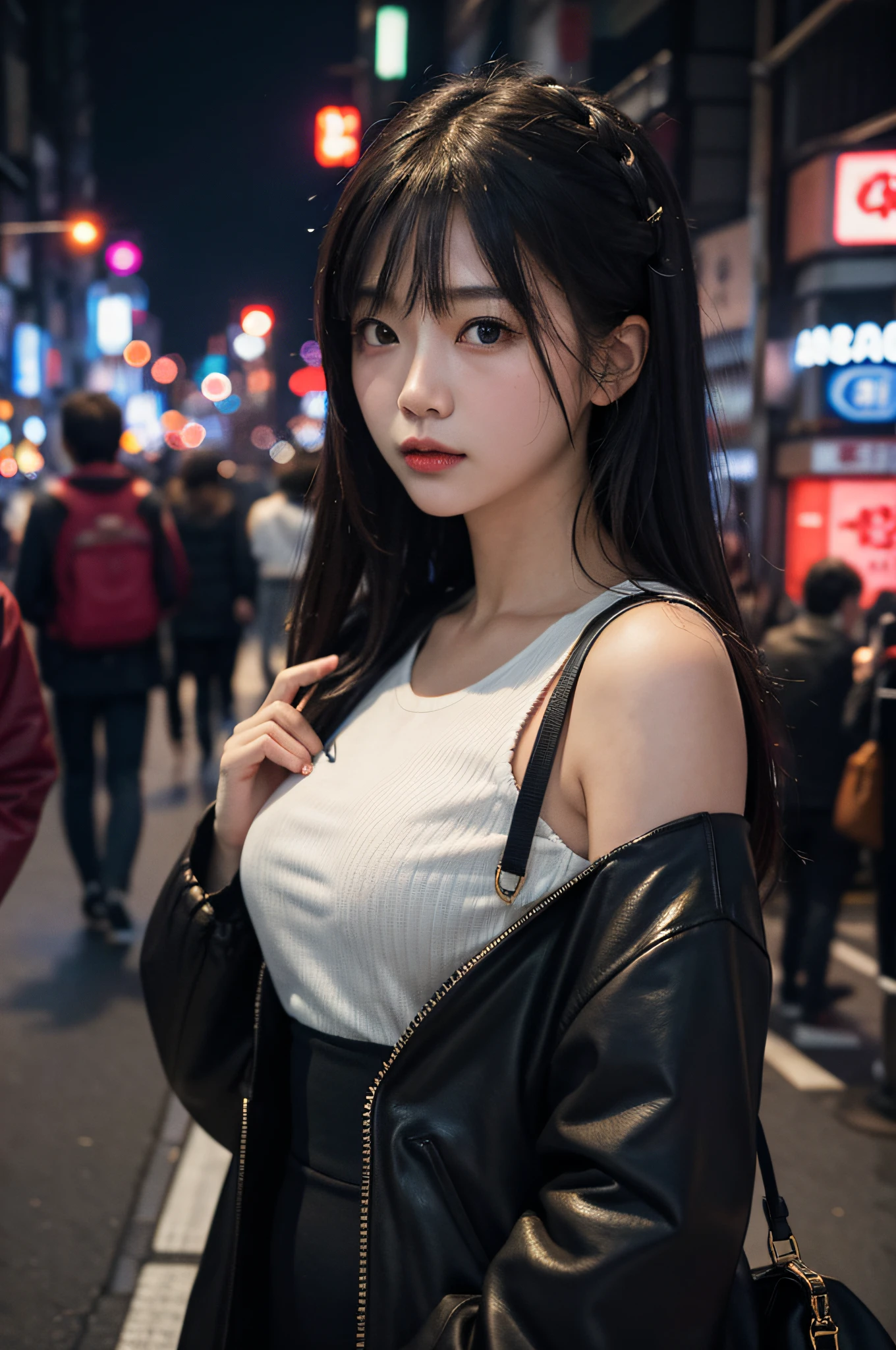 1girl, Tokyo street,night, cityscape,city lights, upper body,close-up, 8k, RAW photo, best quality, masterpiece,realistic, photo-realistic,