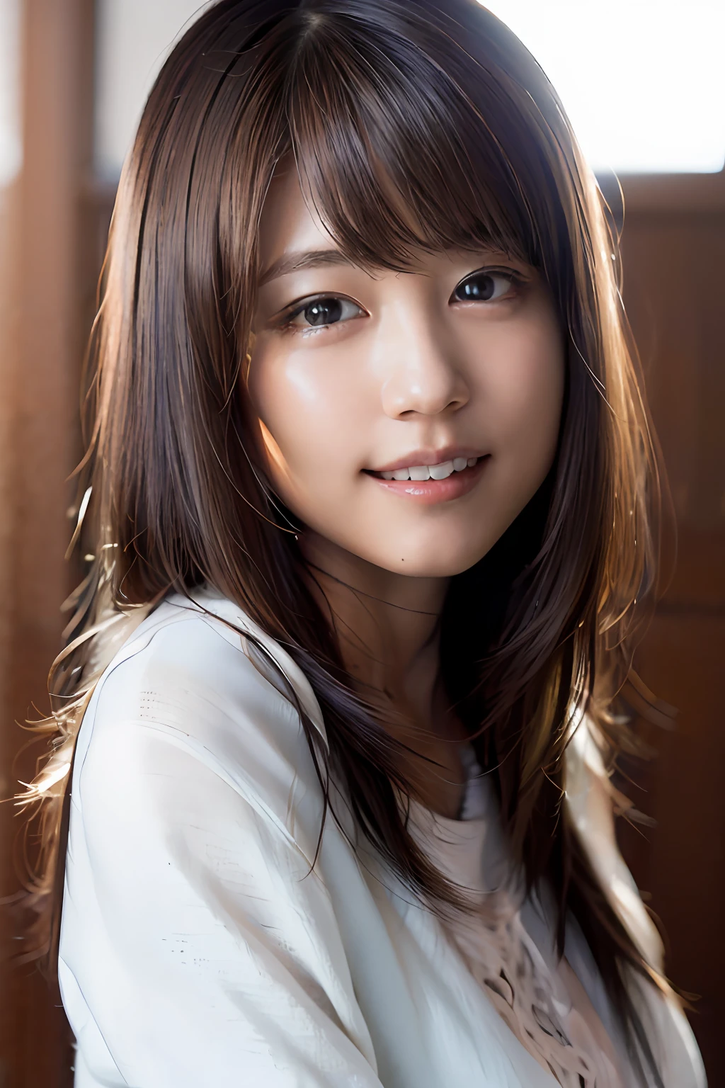 (8k, RAW photo, best quality, masterpiece:1.2), (realistic, photo-realistic:1.37), ultra-detailed, ultra high res,1 girl,looking at viewer,beautiful detailed face,smile,narrow,(slim waist:1.3),shirt, beautiful detailed skin, skin texture, floating hair,professional lighting,
