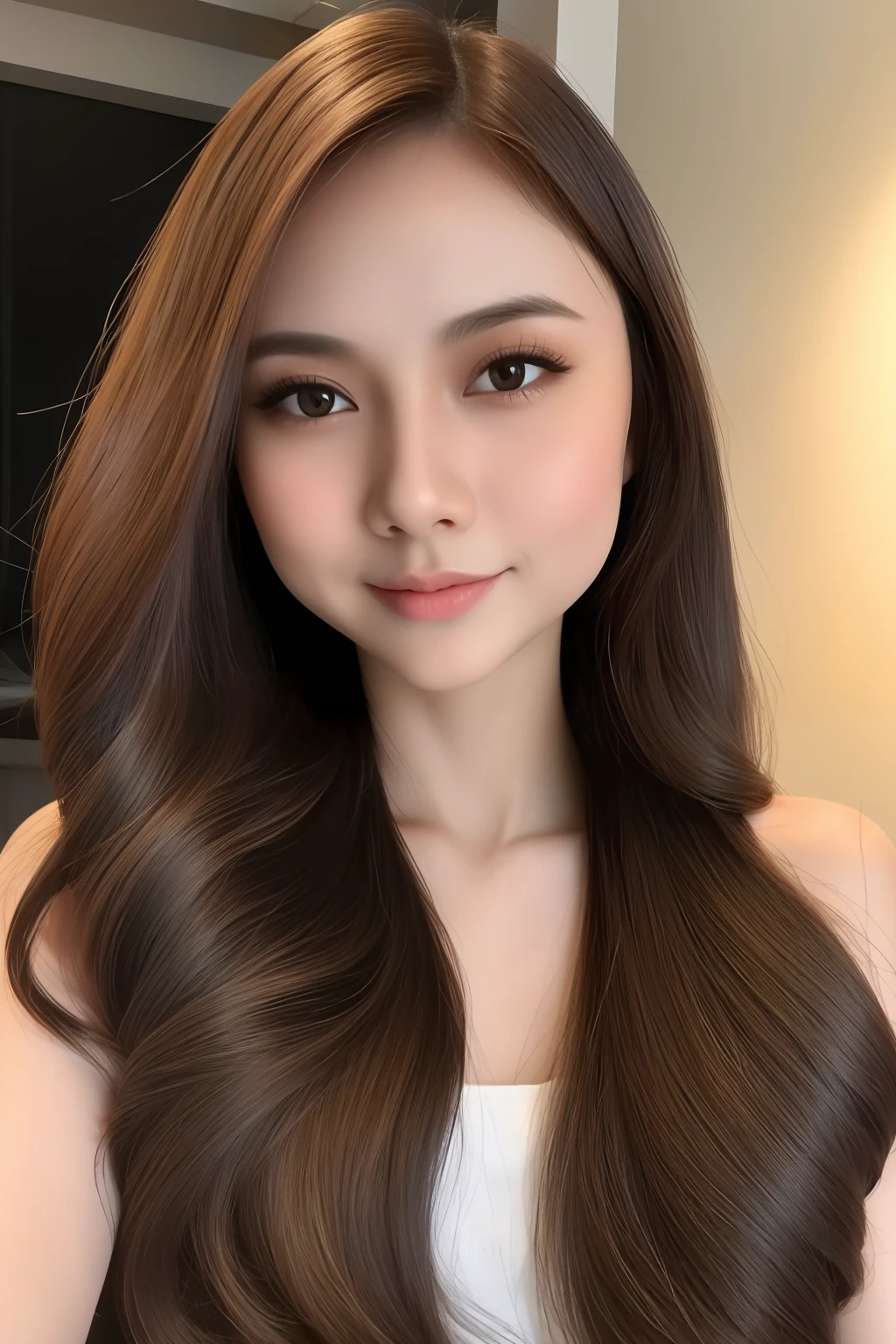 best quality, masterpiece,  (realistic:1.2), 1 girl, colorful hair, brown eyes, Front, detailed face, beautiful eyes, malay, malaysian, detailed skin, skin texture, smile, shoulder exposed, dark background,