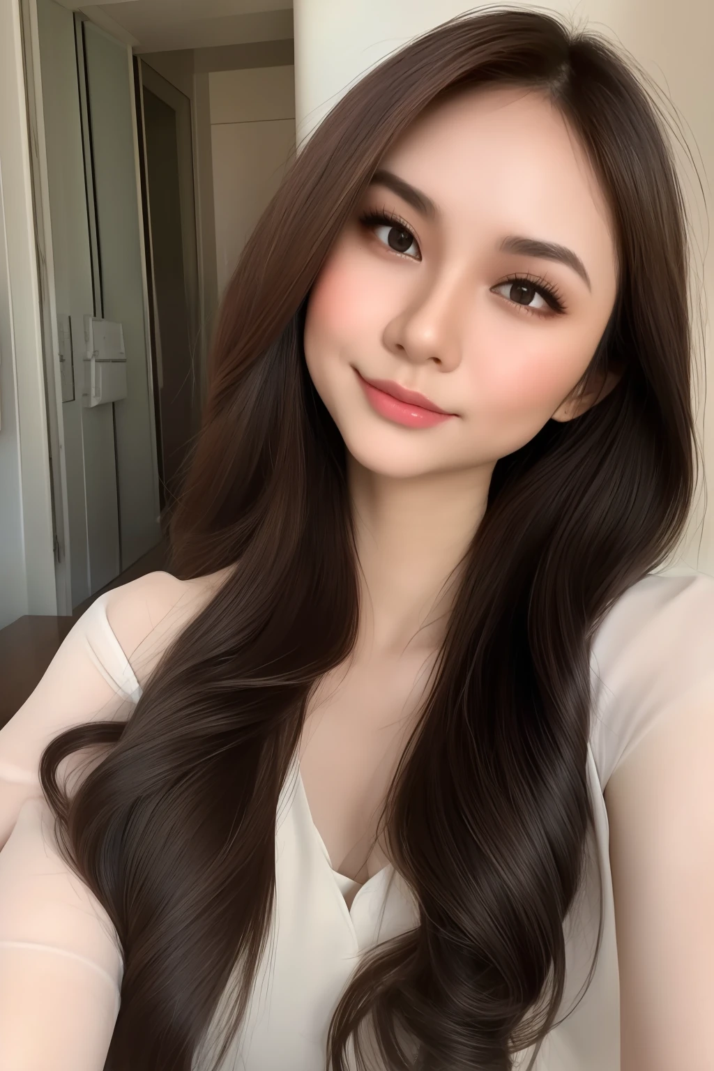 best quality, masterpiece, (realistic:1.2), 1 girl, colorful hair, brown eyes, Front, detailed face, beautiful eyes, malay, malaysian, detailed skin, skin texture, smile, shoulder exposed, dark background,