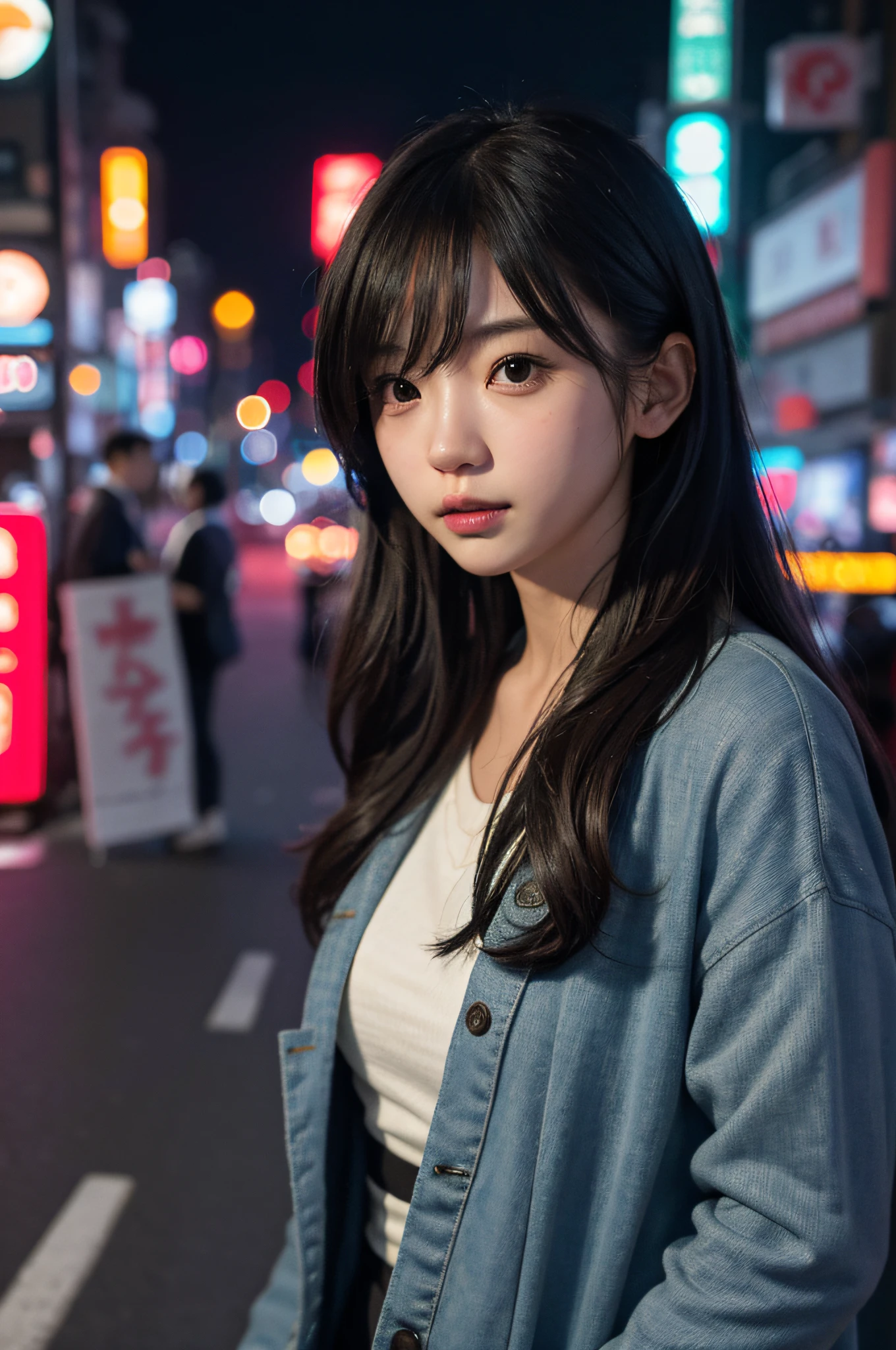 1girl, Tokyo street,night, cityscape,city lights, upper body,close-up, 8k, RAW photo, best quality, masterpiece,realistic, photo-realistic,