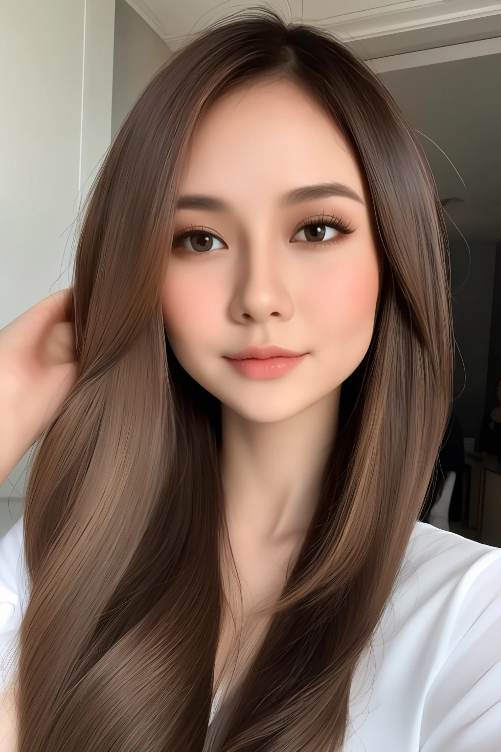 best quality, masterpiece,  (realistic:1.2), 1 girl, colorful hair, brown eyes, Front, detailed face, beautiful eyes, malay, malaysian, detailed skin, skin texture, smile, shoulder exposed, dark background,