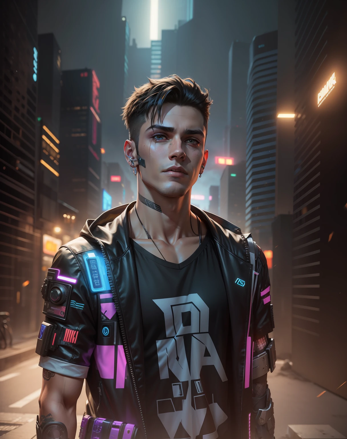 Change background cyberpunk handsome boy. realistic face, 8k, ultra realistic,