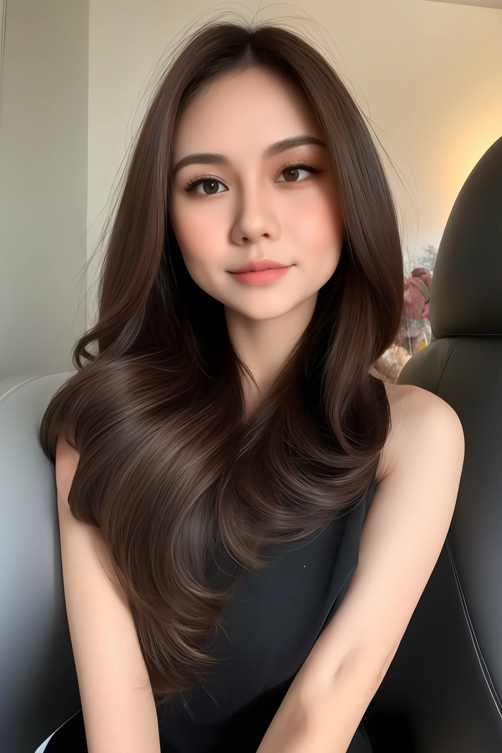 best quality, masterpiece,  (realistic:1.2), 1 girl, colorful hair, brown eyes, Front, detailed face, beautiful eyes, malay, malaysian, detailed skin, skin texture, smile, shoulder exposed, dark background,