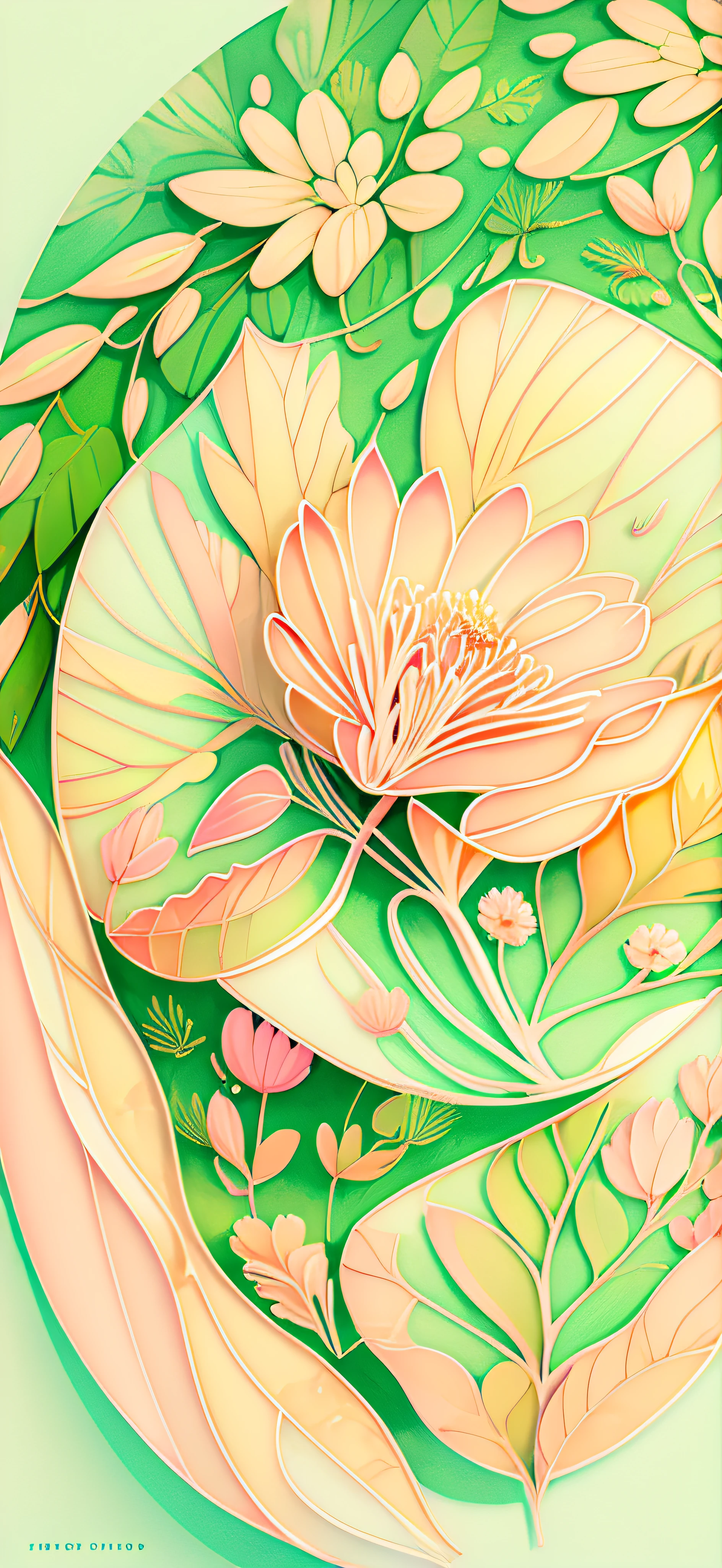 Delicate pastel background with veined leaf ornament, a dolphin, thin dark lines, dark veins in the leaves, transparent flower petals, warm color scheme, elegant floral ornament, delicate botany, small flowers, dill inflorescences, flat image, pastel light colors, calm beige colors, diffused light, joyful mood, illustrator style, 2D, 4K