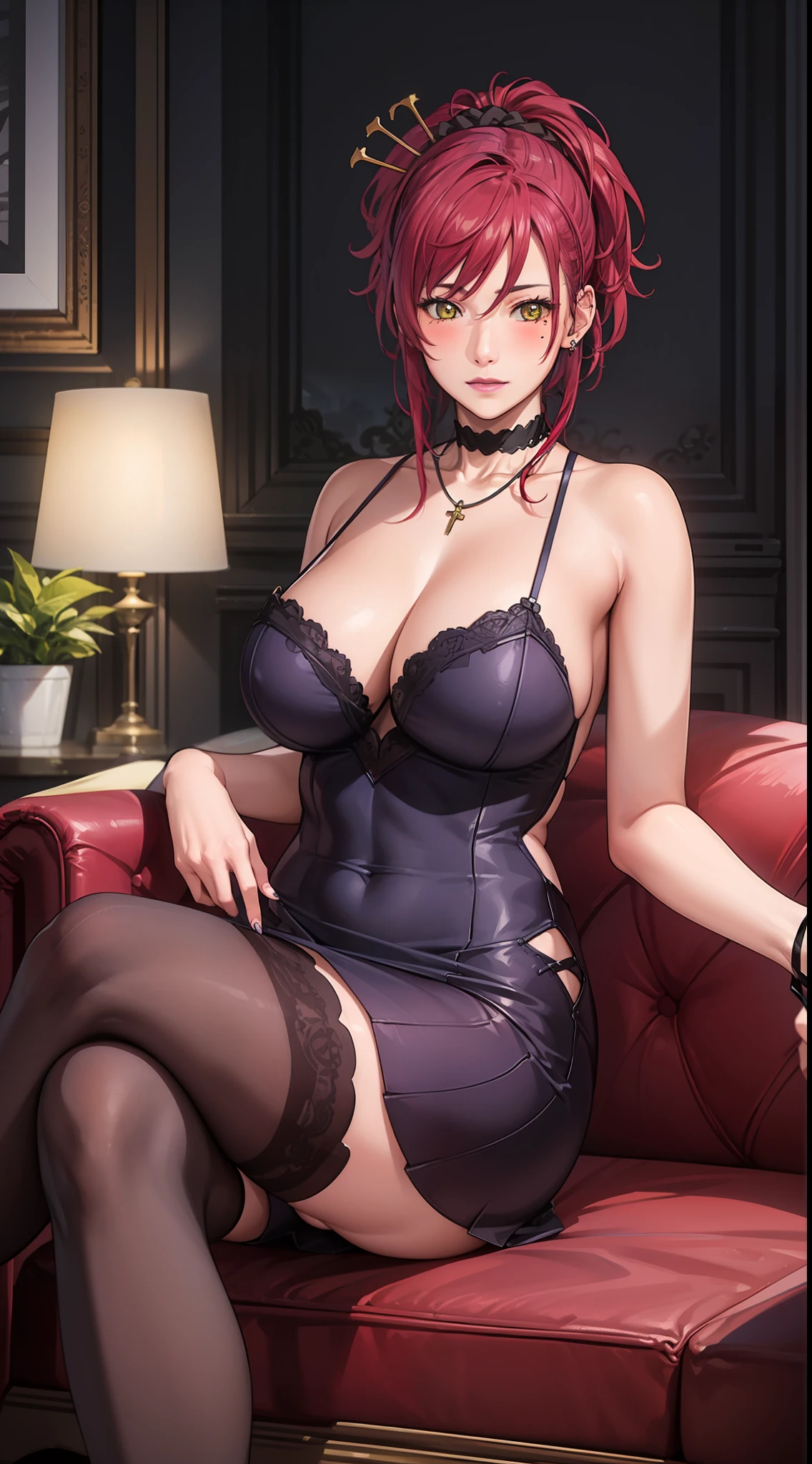 Marie Mamiya, (Masterpiece, Best Quality, High Quality:1.4), professional artwork, Intricate Details, field of view, sharp focus, detailed painting, photorealistic lighting, trending on pixiv, (vivid lighting, vibrant colors:1.05), realistic shadows, ambient occlusion, by Takato Yamamoto
Marie Mamiya, mature female, milf, solo, (curvy:1.1), sitting on sofa, crossed legs, luxury room, (cowboy shot:1.1),
(red hair:1.05), hair ornament, lipstick, makeup, (mole under eye:0.9), choker, ultra detail hair, ultra detail face, (yellow eyes:1.05), perfect eyes, perfect face, earrings, (seductive look, blush:1.2),
(main dress:1.2), choker, (black thighhighs:1.1),(highheels:1.2), bare shoulders, necklace, fingernails,
(Large Breasts:1.15), Cleavage, big ass, thighs