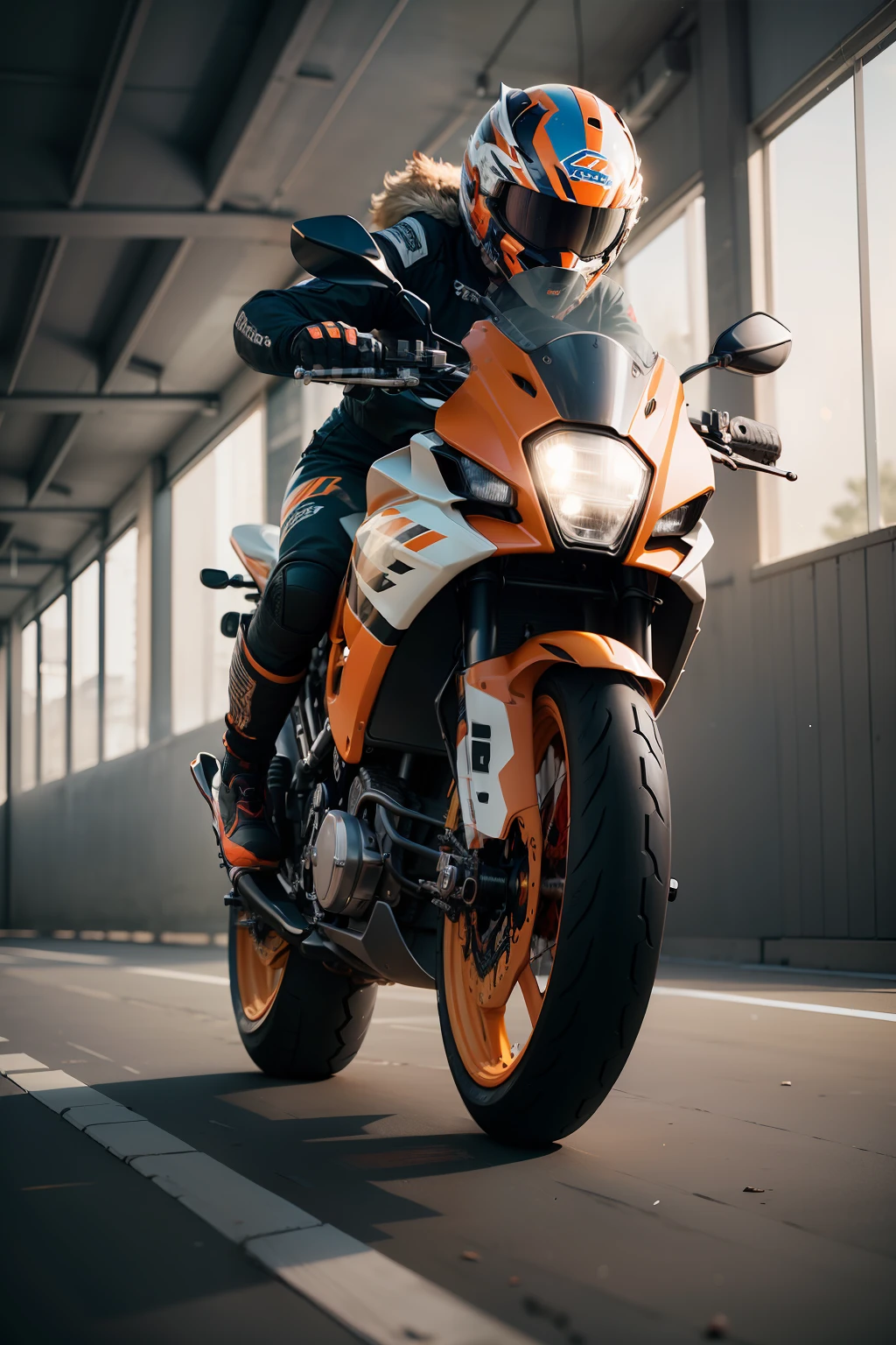 KTM,Sporty street bike,Poster style,photograph realistic,hyper-detailing,natural soft light,Pale color background,photore,Studio lighting for film shooting + dynamic compositions,incredibily detailed,Sharpen,the detail + intricately details + profesional lighting,cinmatic lighting + 35mm+ lightroom + photography of + bokeh + lens flare glow + filmgrain