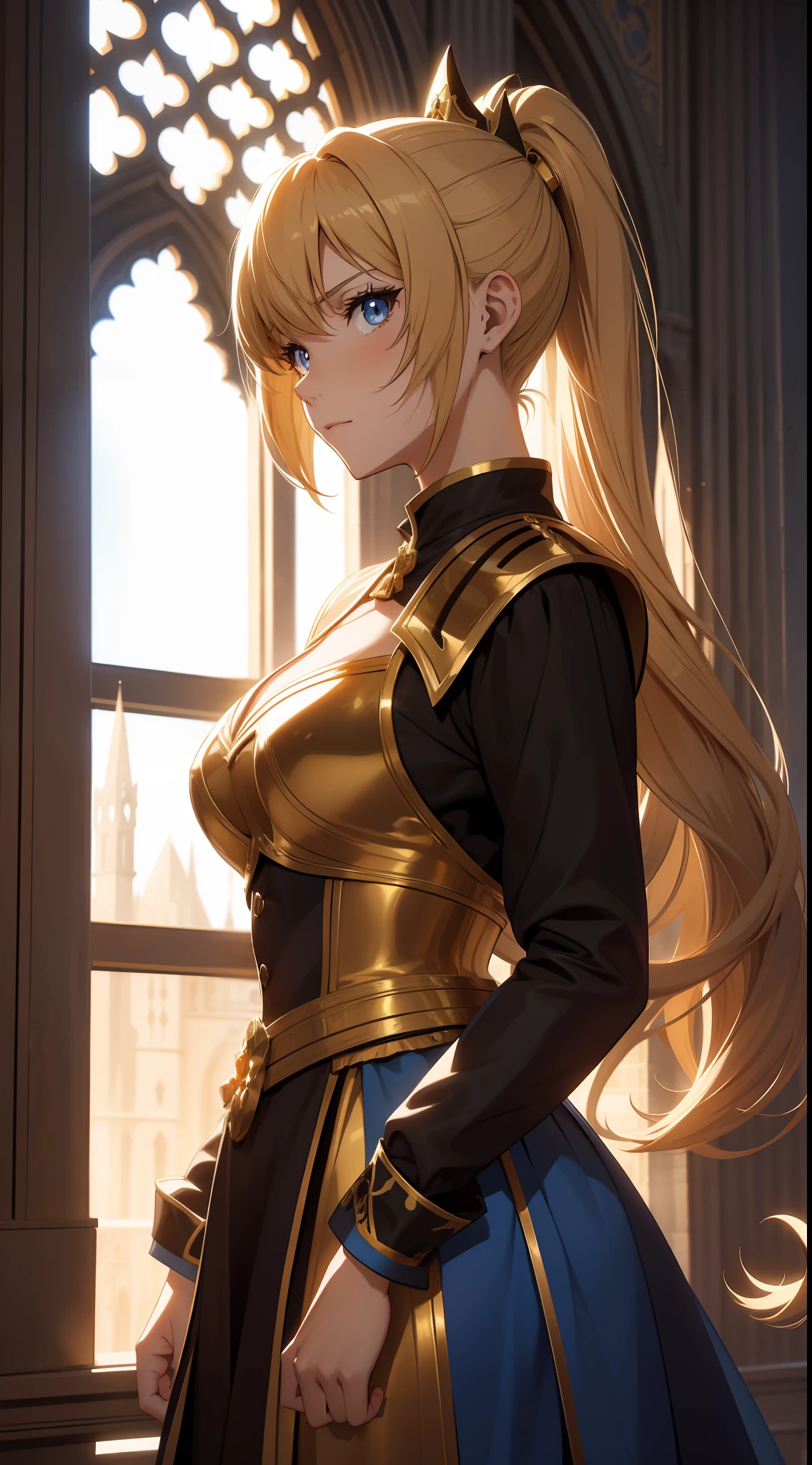 Elegant anime female characters, golden ponytail, extremely attractive eyes, medieval knight and aristocratic costumes, daytime, blue sky, sky, cathedral, looking at the audience, behind the floor-to-ceiling windows, surrounded by mountains outside the window, movie lighting effects, large aperture portrait, dynamic pose, golden ratio, rich details