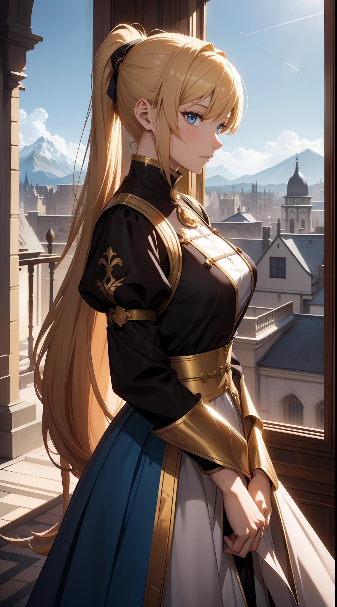 Elegant anime female characters, golden ponytail, extremely attractive eyes, medieval knight and aristocratic costumes, daytime, blue sky, sky, cathedral, looking at the audience, behind the floor-to-ceiling windows, surrounded by mountains outside the window, movie lighting effects, large aperture portrait, dynamic pose, golden ratio, rich details