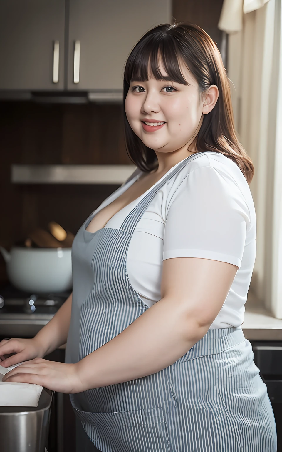 Highly detailed CG Unity 8k wallpaper, top quality, super detailed, masterpiece, realistic, photo realistic, very detailed cute girl, 25 years old, ((chubby lady:1.3)) , (plump lady:1.3)  , large breasts , cleavage  ,  round eyes, viewer,  smile, parted lips, half body shot  , apron , kitchen  , bangs , shoot from the side