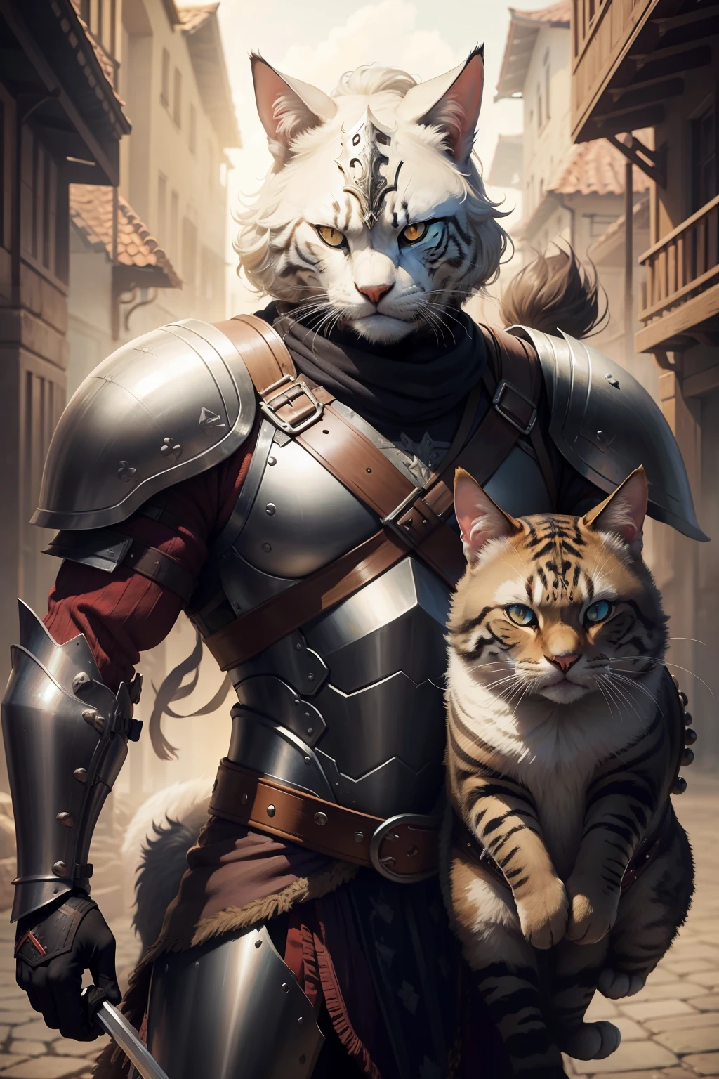 A strong looking warrior with a cat in armor