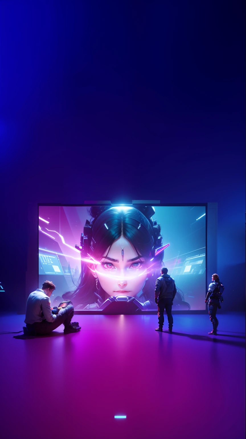 National tide,Technologie,(In the center of the poster is a large screen),(Advanced anatomy:2.0)(The screen emits light),On the left squats a photographer,The two people on the right are looking at the screen,32K,detail-rich,plethora of colors,Beautiful and sci-fi,high detal,(The scene in the screen is 3D),(The details of the characters' shapes are in-depth),(Photographic image),(Screen scrutiny),Meticulous sketching,Realistic scenes,Real mechanism,Cinematic lighting,Ultimate HD picture quality,Hollywood-style character detail rendering