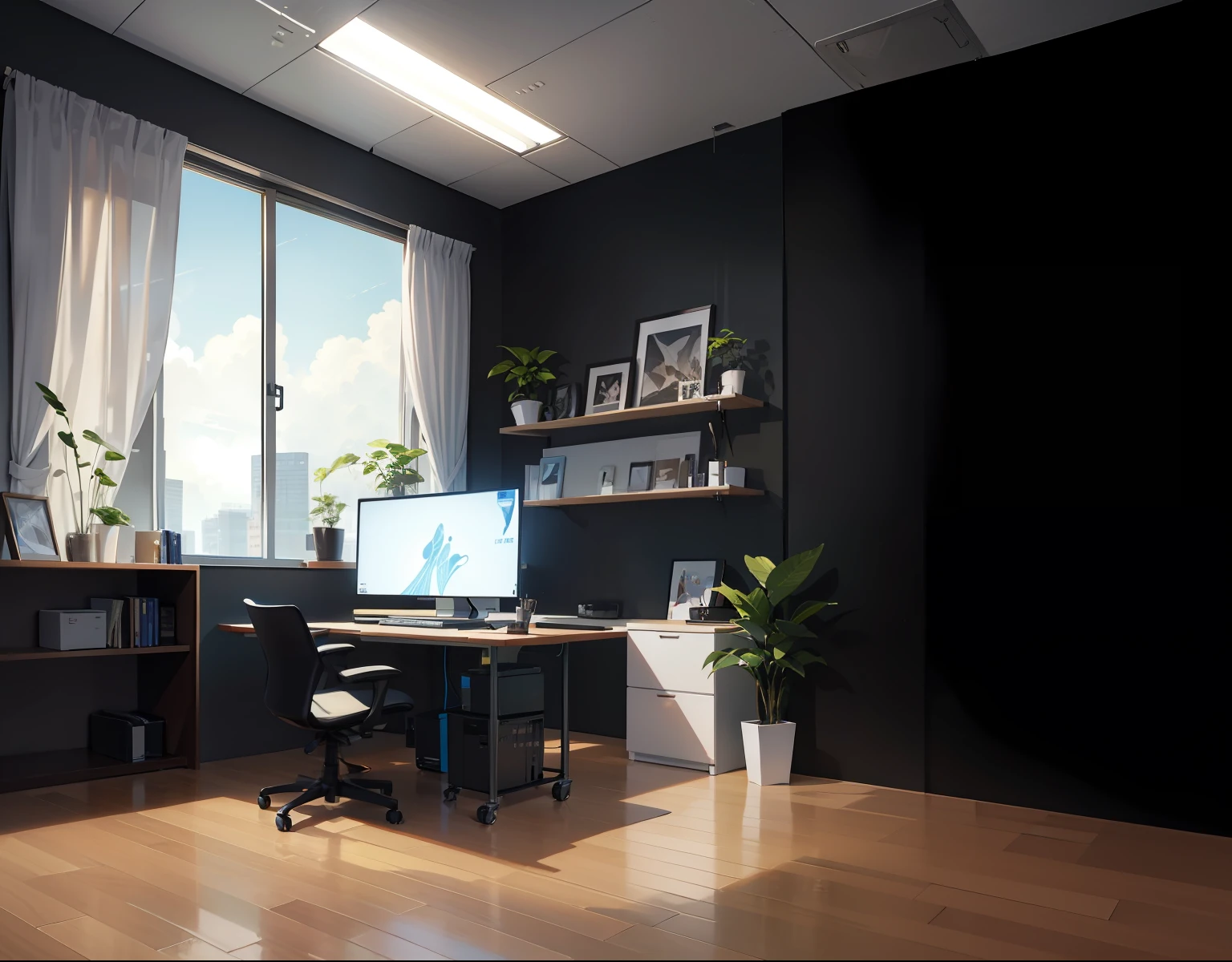 Fine Line Art Anime of the 2020s Illustrator Engineers Screenshot High-performance PCs Multiple high-performance monitors used by engineers PC Screen Code for Engineer a desk houseplant Fashionable moderno simple High quality wheeled business chair Modern ceiling lighting white ceiling Clean room wood floor