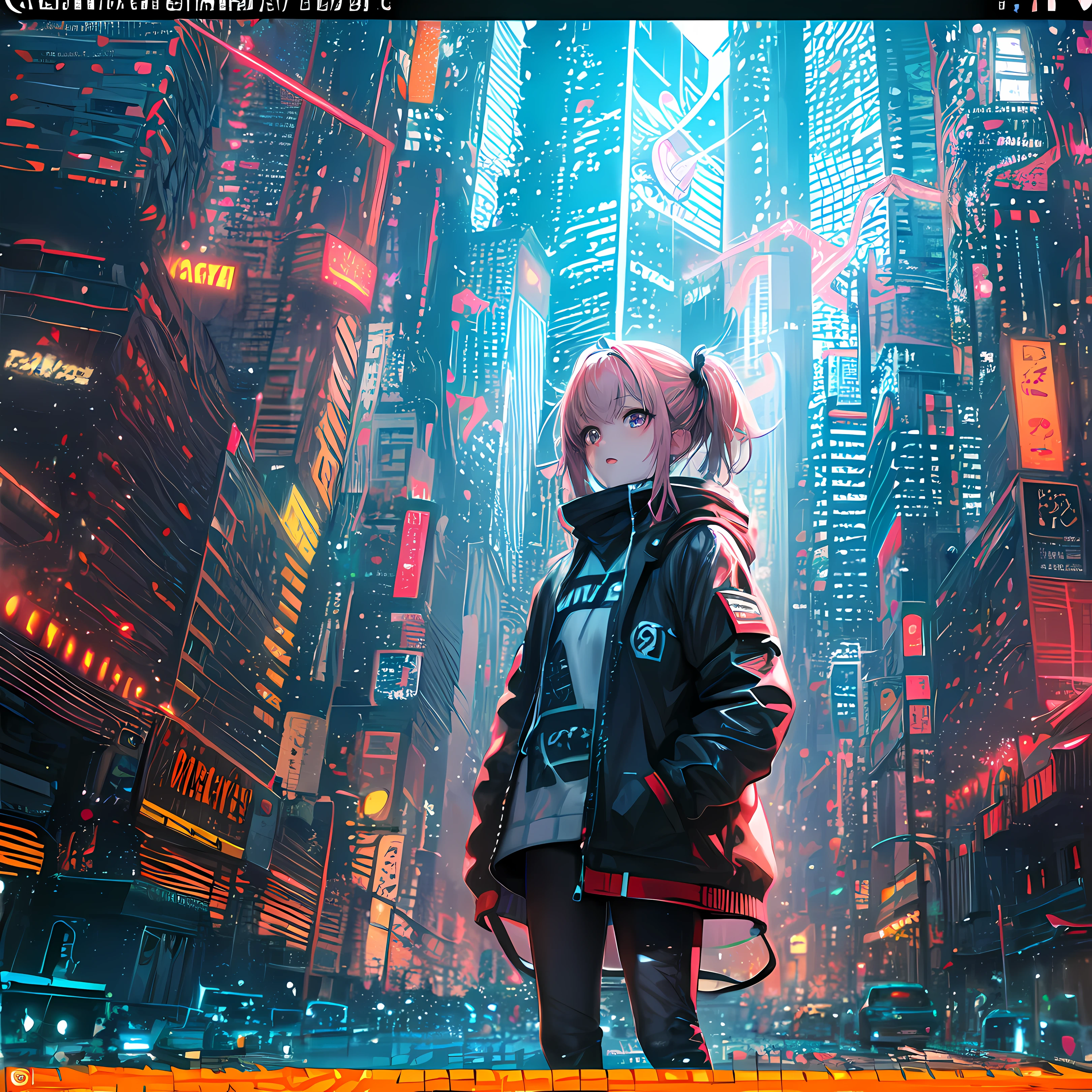 (masterpiece、top-quality、top-quality、Official art、ighly detailed、Beautifully Aesthetic:1.2)、(1girl in)、(Fractal Art:1.3)、Random hairstyle、Random hair color colorful、FULL BODYSHOT、(CyberpunkTThe shirt)、animesque、head-mounted displays、neon light detail、Intuitive、City of the Future、sharp、Precise focus、randome pose、cyberpunkcity、street neon lights、insta photo、photo of the year、cinema4d、Dramatic、