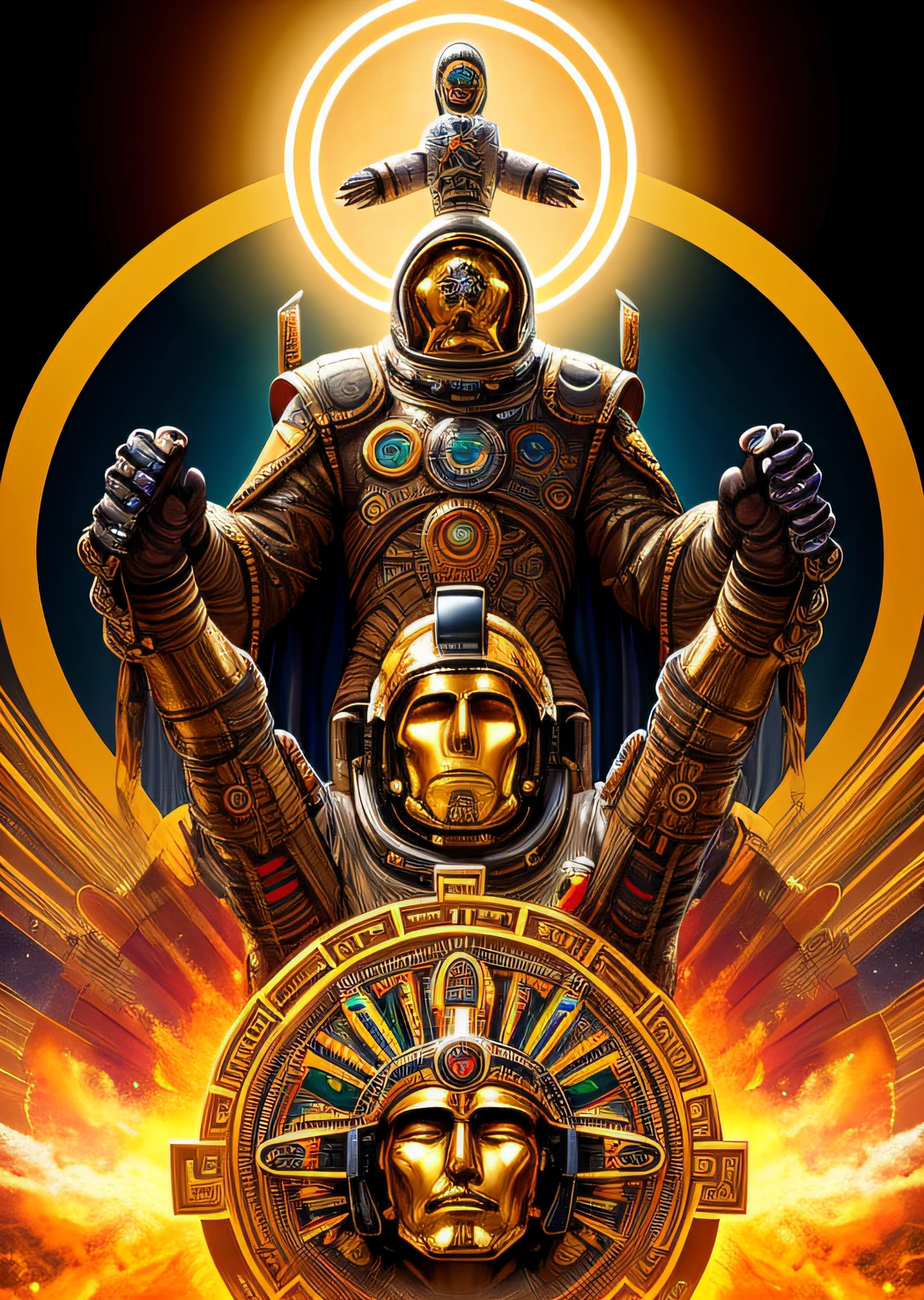 masterpiece, Aztec astronaut mexican man, holy virgin mary behind him, halo over head, heavenly sky, half body, ((divine light)), ethereal, clouds, back lighting, realistic portrait, symmetrical, strong, intricate drawing, highly detailed, digital painting, art station, concept art, fluid, sharp focus, illustration, against heaven's gate, cinematic lighting, works by artgerm and greg rutkowski and alphonse mucha, (surrealsteampunkai:0.5), (shoeai), a baroque style, powerful explosion, A big muscular Mexican Aztec in a astronaut suit, in a circle Versace style abstract graphic design, Gold & Black colors only, logo style. branded logo, high resolution quality, 8K quality