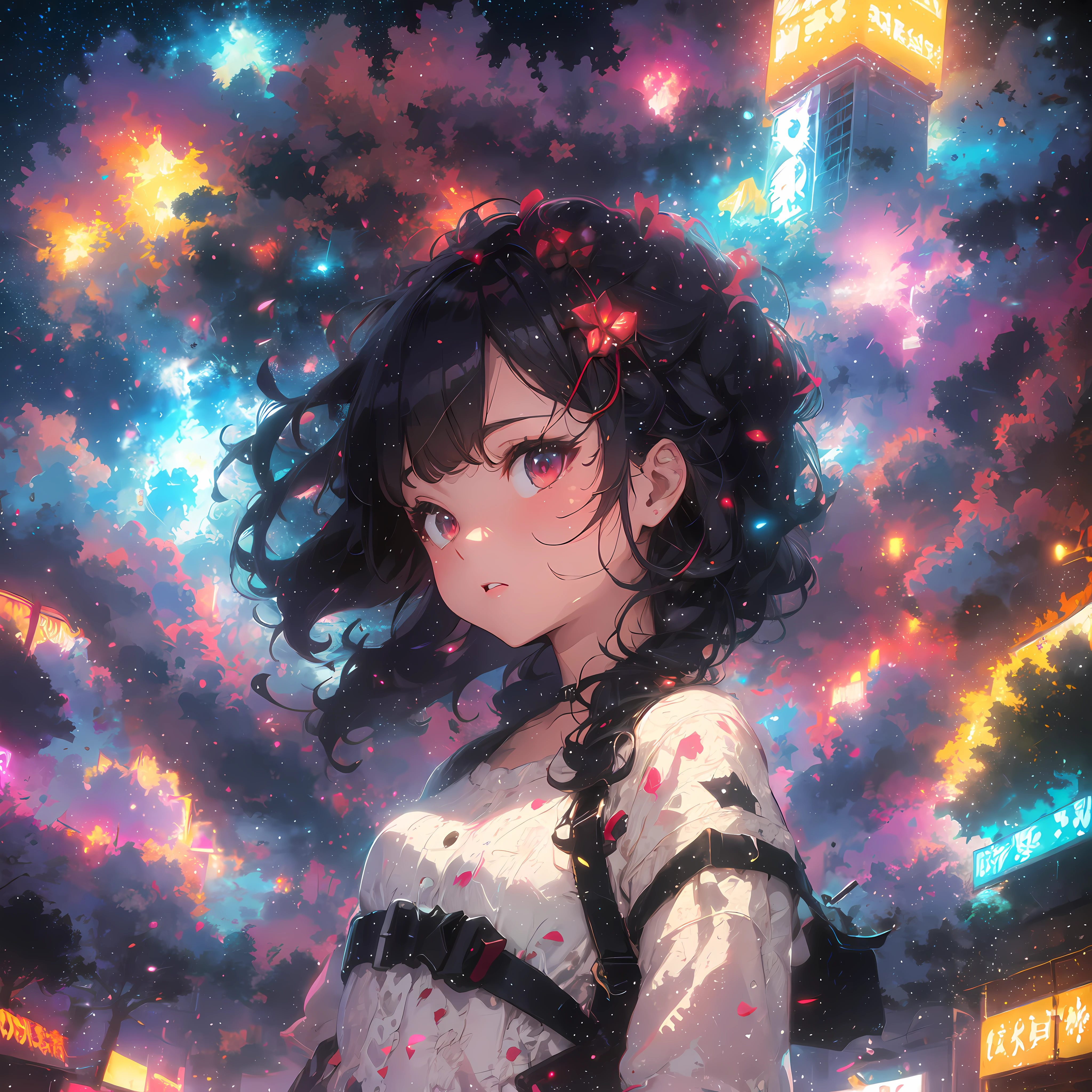 (​masterpiece、top-quality、top-quality、Official art、ighly detailed、Beautifully Aesthetic:1.2)、(1girl in)、(Fractal Art:1.3)、Random hairstyle、Random hair color colorful、FULL BODYSHOT、(CyberpunkＴThe shirt)、animesque、head-mounted displays、neon light detail、Intuitive、City of the Future、sharp、Precise focus、randome pose、cyberpunkcity、street neon lights、insta photo、photo of the year、cinema4d、Dramatic、