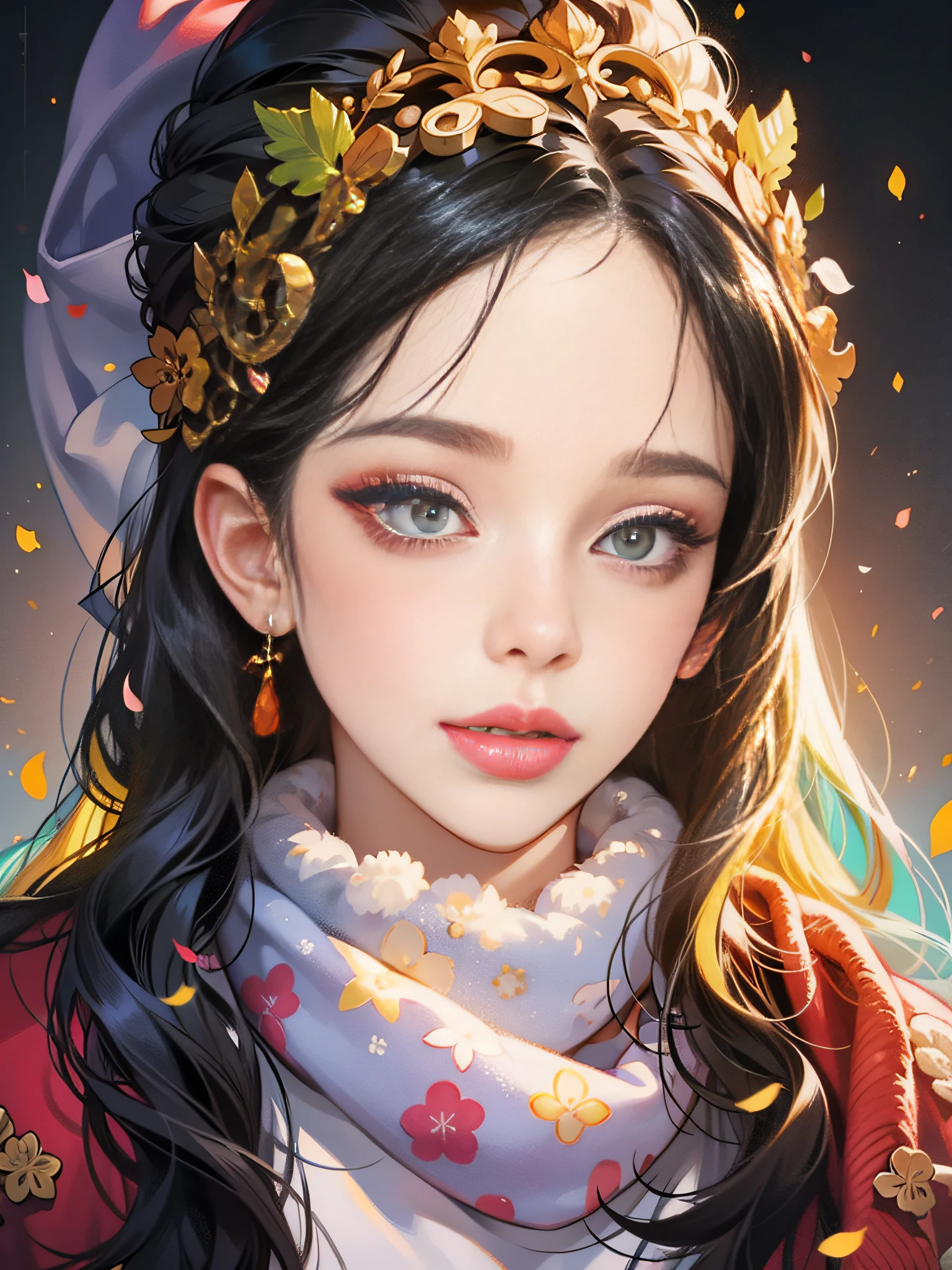 Close-up of a woman wearing a headdress and scarf, Close to face, Guviz, style of wlop, Guviz-style artwork, beautiful portrait image, valentine, realisticlying,Kawaii realistic portrait, inspired by Jin Nong, high quality portrait, Popular Korean makeup