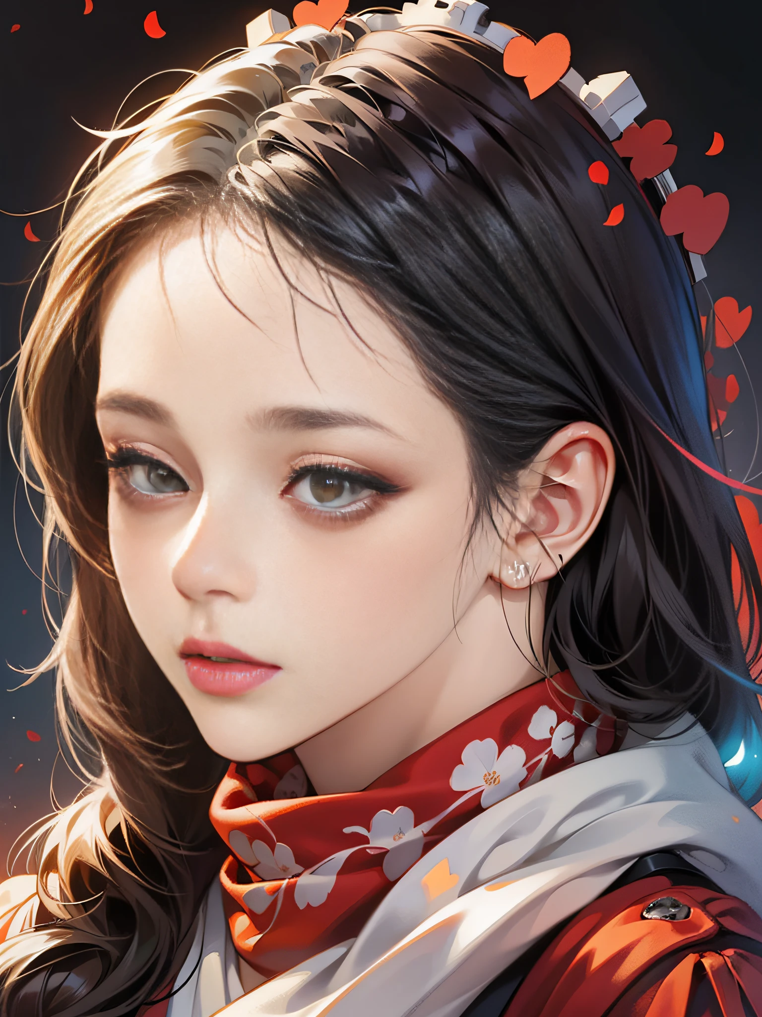 Close-up of a woman wearing a headdress and scarf, Close to face, Guviz, style of wlop, Guviz-style artwork, beautiful portrait image, valentine, realisticlying,Kawaii realistic portrait, inspired by Jin Nong, high quality portrait, Popular Korean makeup