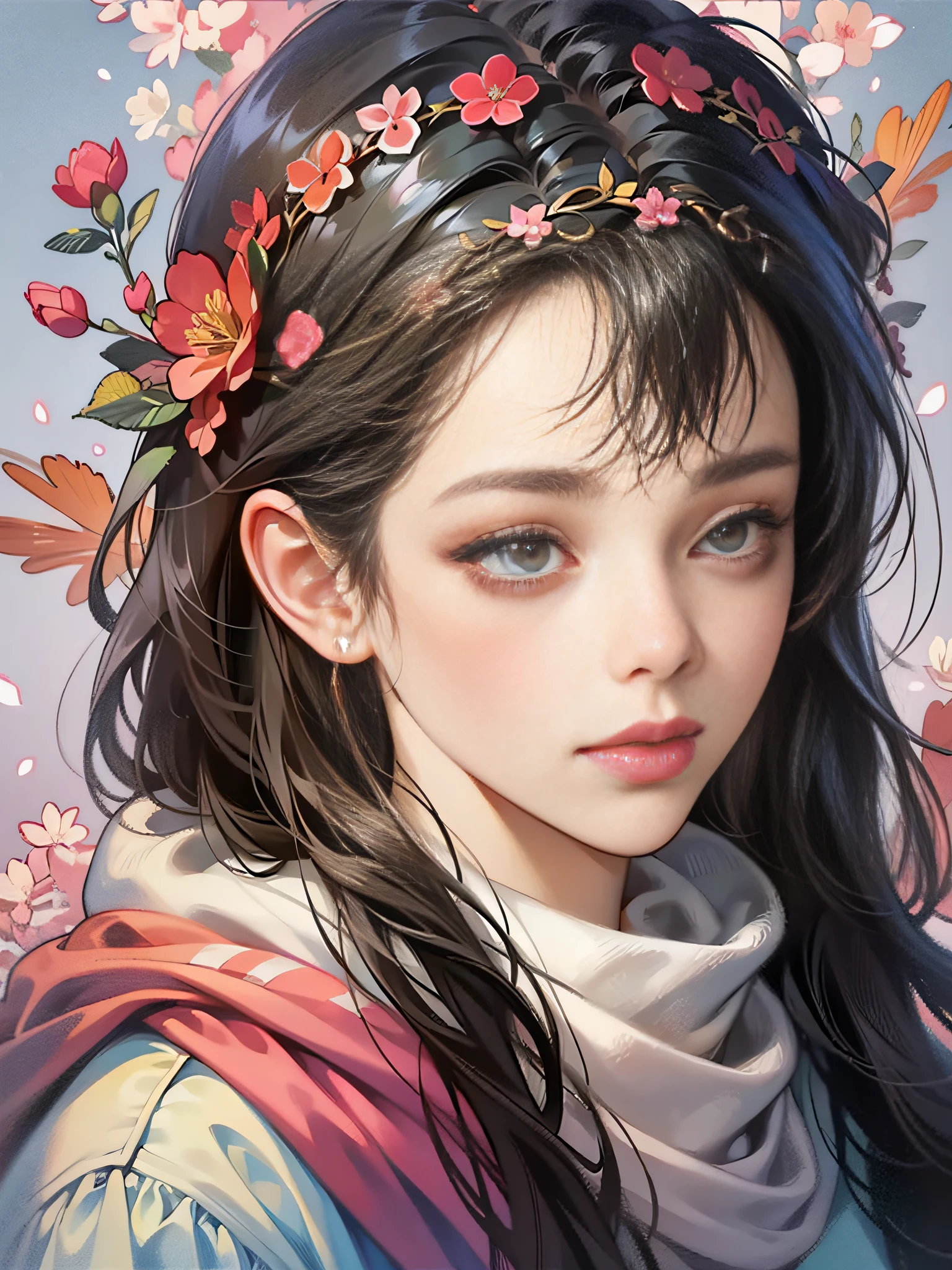 Close-up of a woman wearing a headdress and scarf, Close to face, Guviz, style of wlop, Guviz-style artwork, beautiful portrait image, valentine, realisticlying,Kawaii realistic portrait, inspired by Jin Nong, high quality portrait, Popular Korean makeup