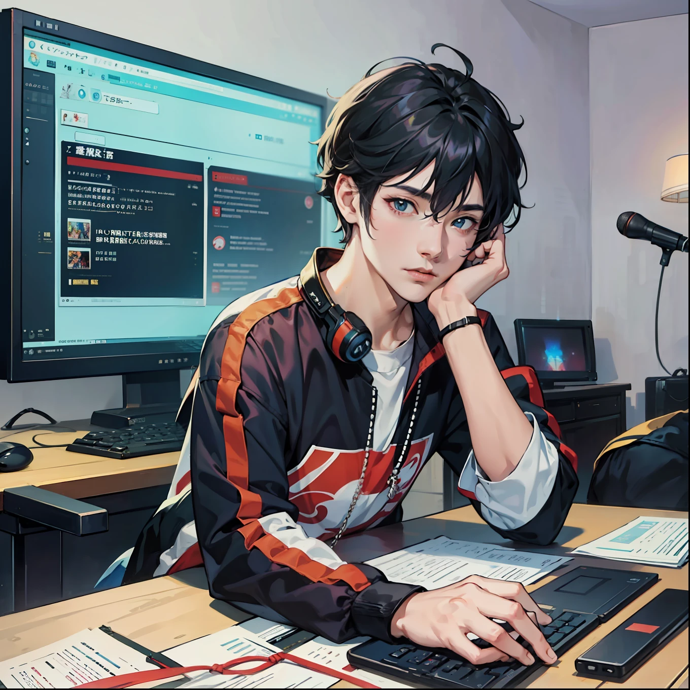 Anime boy calls to talk, ig studios anime style, nightcore, style of anime4 K, High quality anime art style, Anime boy, young anime man, Anime art style, Digital anime illustration, Anime style. 8K, in an anime style, male anime character, Kawasi,best qualtiy:1.0),(超高分辨率:1.0),Anime boys,with short black hair,blue color eyes,sitting in front of the computer,Speak into the microphone,The background is in the esports room,Earphone,The head is close to the microphone,8K
