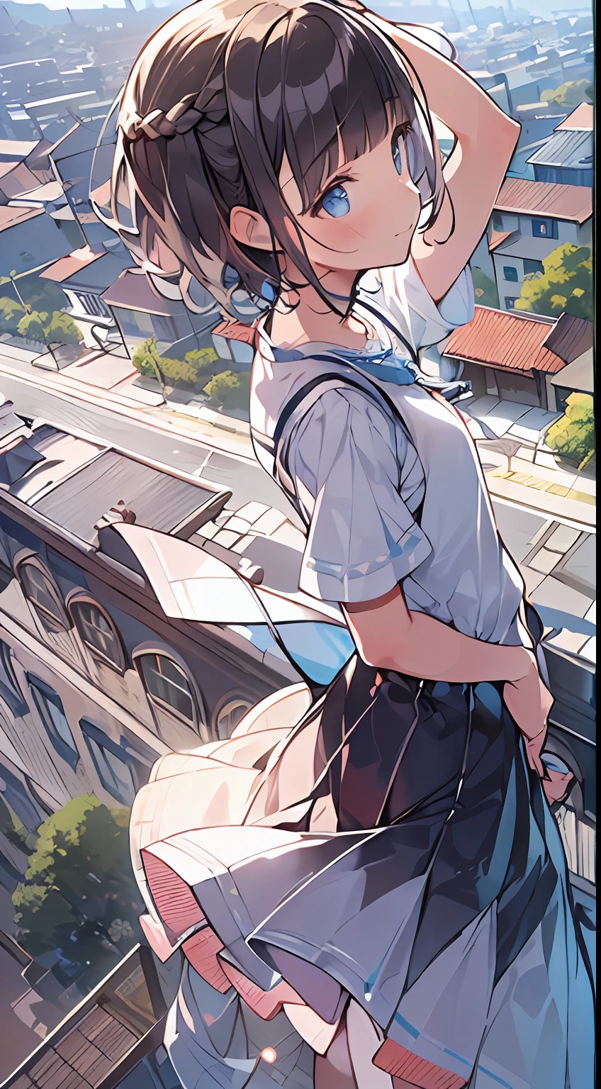 masutepiece, Best Quality,Illustration, Wallpaper, Ultra Detail, absurderes, 1girl in, Solo, (Medium short hair、short braided hair), Beautiful ultra-detailed eyes , (Street:1.3), Sunny bright sky、Hair that flutters in the wind,(a panoramic view:1.3),(Sense of depth:1.5),(longshot:1.3)
