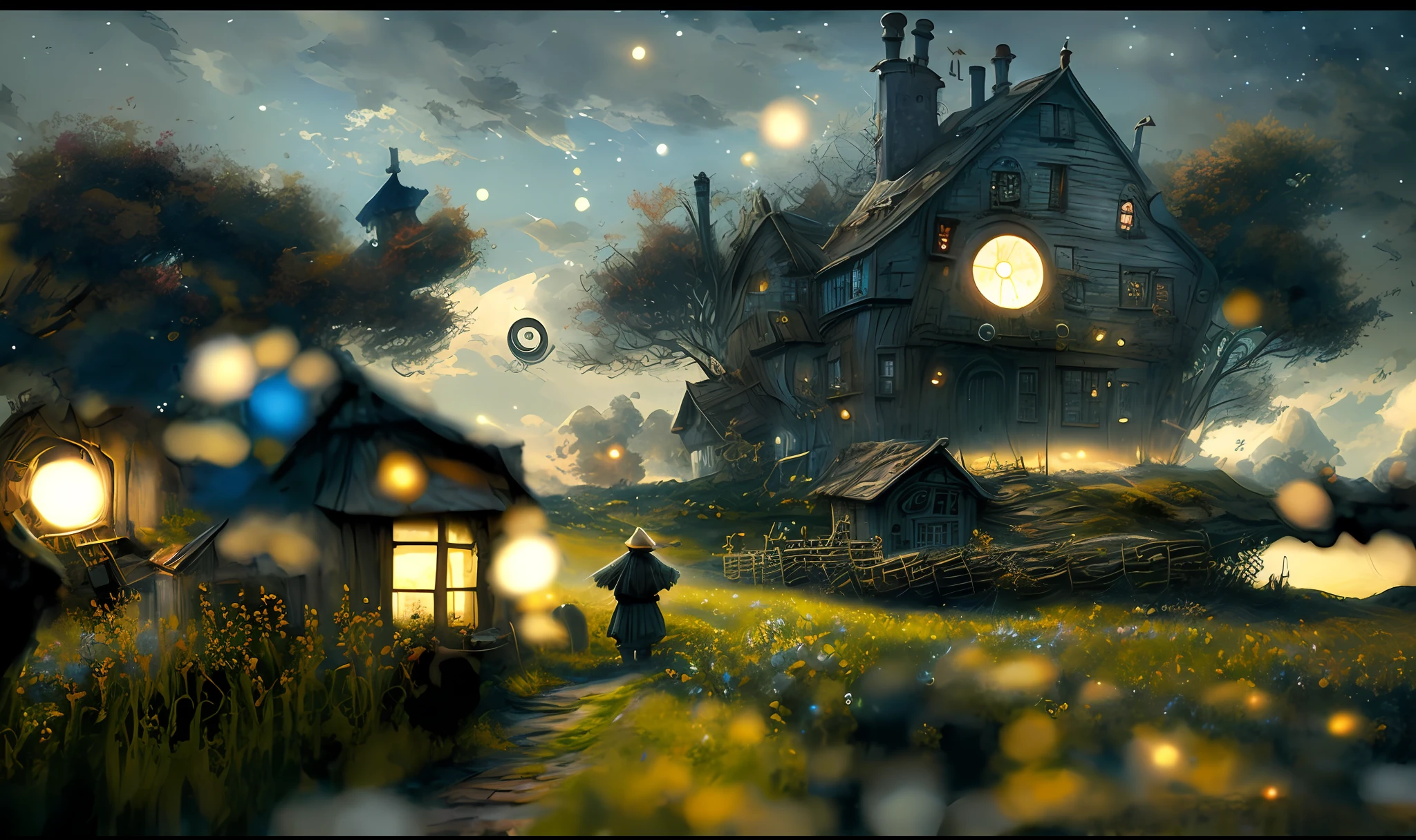 painting of a house in a field with a spiral shaped sky, 4k highly detailed digital art, 4k detailed digital art, howl\'s moving castle at night, dreamlike digital painting, wide angle fantasy art, fantasy painting hd, swirling scene, beautiful art uhd 4 k, swirls of magic, science fantasy painting