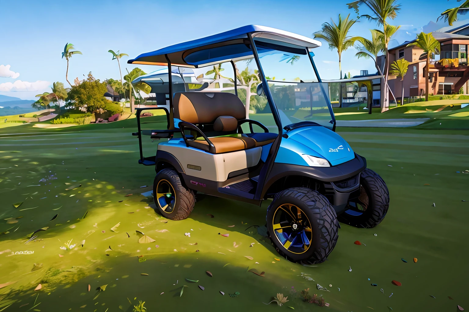 Allafard golf cart on golf turf，The background is blue sky, baiyun, Small hills, steel gray body, 3/4 Front view, The lawn is ultra-realistic, scenic full shot, front side full, bottom angles, front footage, Frontal shot, author：a computer rendering by Scott M. Fischer, f / 2 4, In the turf environment of a golf course, 2045