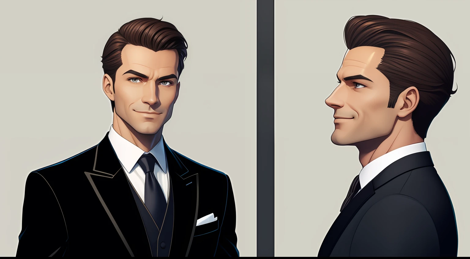 comic strip，There was a man in a suit and tie smiling and looking at his watch, maxwell render, dressed in a suit, high quality portrait, promotional render, stylized portrait formal pose, human male character art, Character art portrait, official character art, detailed character portrait, elegant smiling pose, character full body portrait, dressed in a suit, digital art of an elegant
