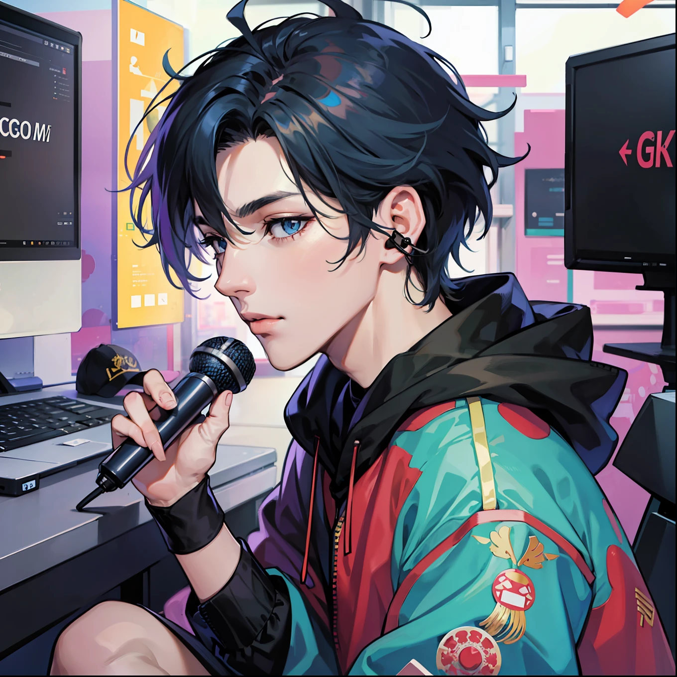 Anime boy calls to talk, ig studios anime style, nightcore, style of anime4 K, High quality anime art style, Anime boy, young anime man, Anime art style, Digital anime illustration, Anime style. 8K, in an anime style, male anime character, Kawasi,best qualtiy:1.0),(超高分辨率:1.0),Anime boys,with short black hair,blue color eyes,sitting in front of the computer,Speak into the microphone,The background is in the esports room,Earphone,The head is close to the microphone,8K