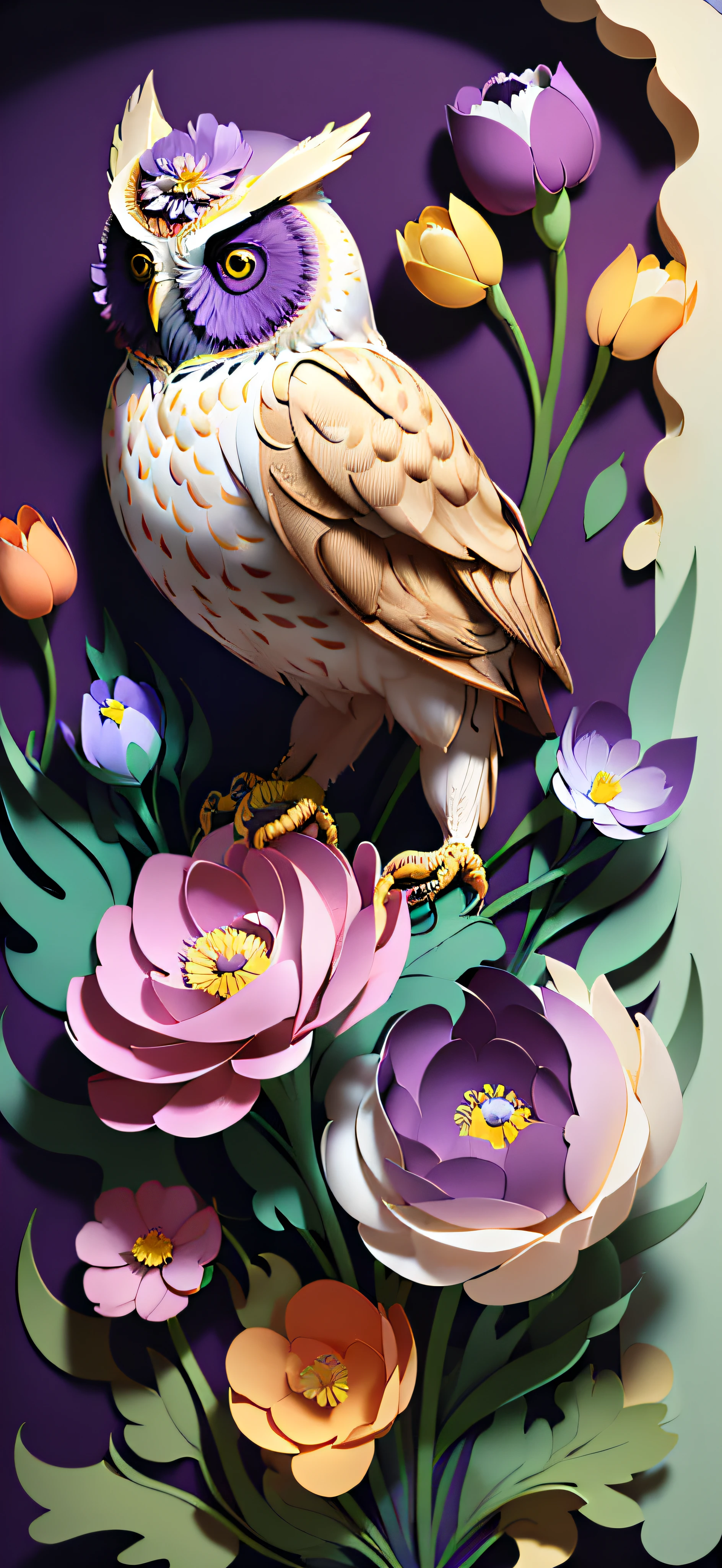 ((((masterpiece))), best quality, illustrations, beautiful details glow,
paper_cut, 1 owl, purple eustoma grandiflorums, sun, sunlight