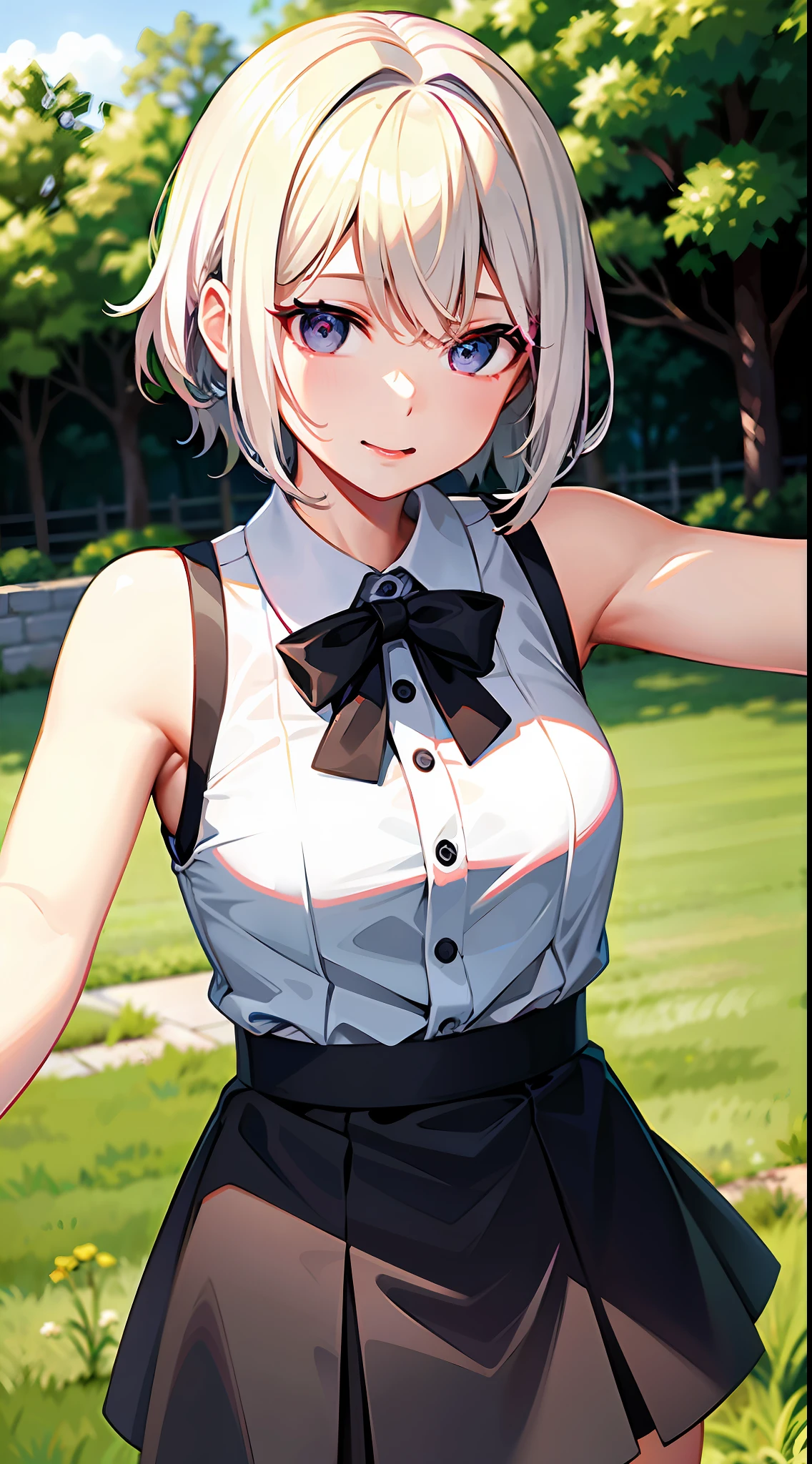best qualtiy,超高分辨率,1girl,In the garden,sleeveless white button shirt,a black skirt,Black collar,adolable,(Kpop idol),(aegyo sal:1),(Platinum blonde hair:1),((puffy eye)),It looks like in front of the audience,full bodyesbian,facing the front there