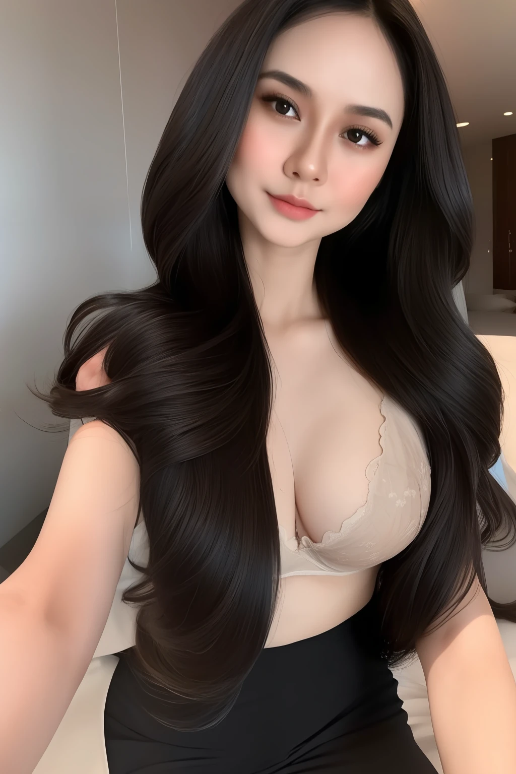 best quality, masterpiece, (realistic:1.2), 1 girl, black long hair, brown eyes, Front, wearing underwear, bra exposed, bra seen, detailed face, beautiful eyes, malay, malaysian, detailed skin, skin texture, smile, shoulder exposed, dark background, high resolution, detailed hair,