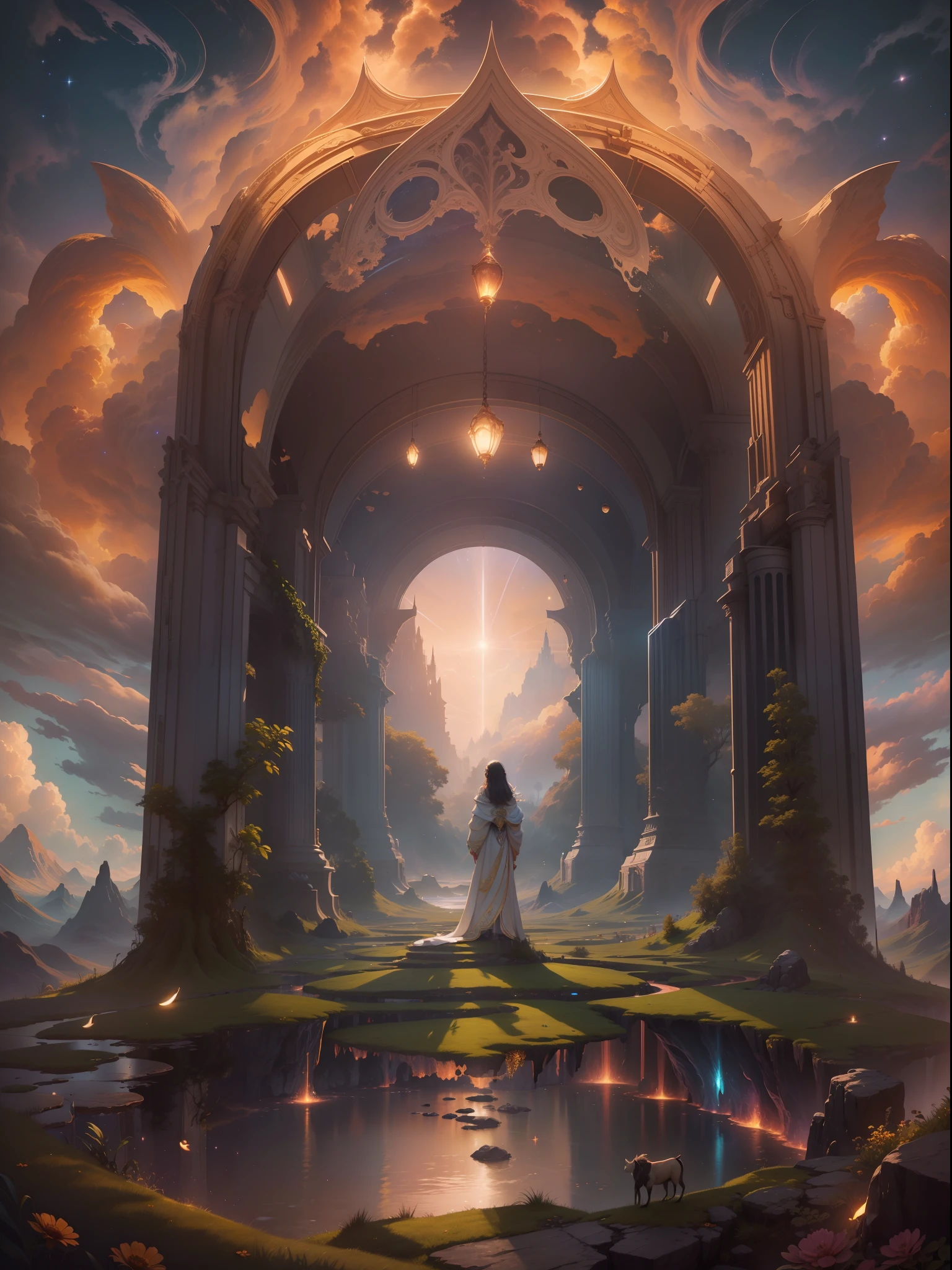 A masterpiece of high detail,8K,High resolution Body content:utopian,Broad perspectives,fanciful,Full of mystery,Bask in the mysterious atmosphere,Hopeful,Divine piety ,Look outward at the background:Dazzling colors,The 22-year-old beauty stood looking at the atmosphere in the distance:Mysterious and unknowable sense of light,milky ways,Magic beam,The fantasy of the future world is intertwined with reality,Color:Infused with ethereal hues,High purity color, composition:Vista composition,ultra-wide-angle,Style reference:Virtual Engine,Ethereal magical texture,Chaotic real world