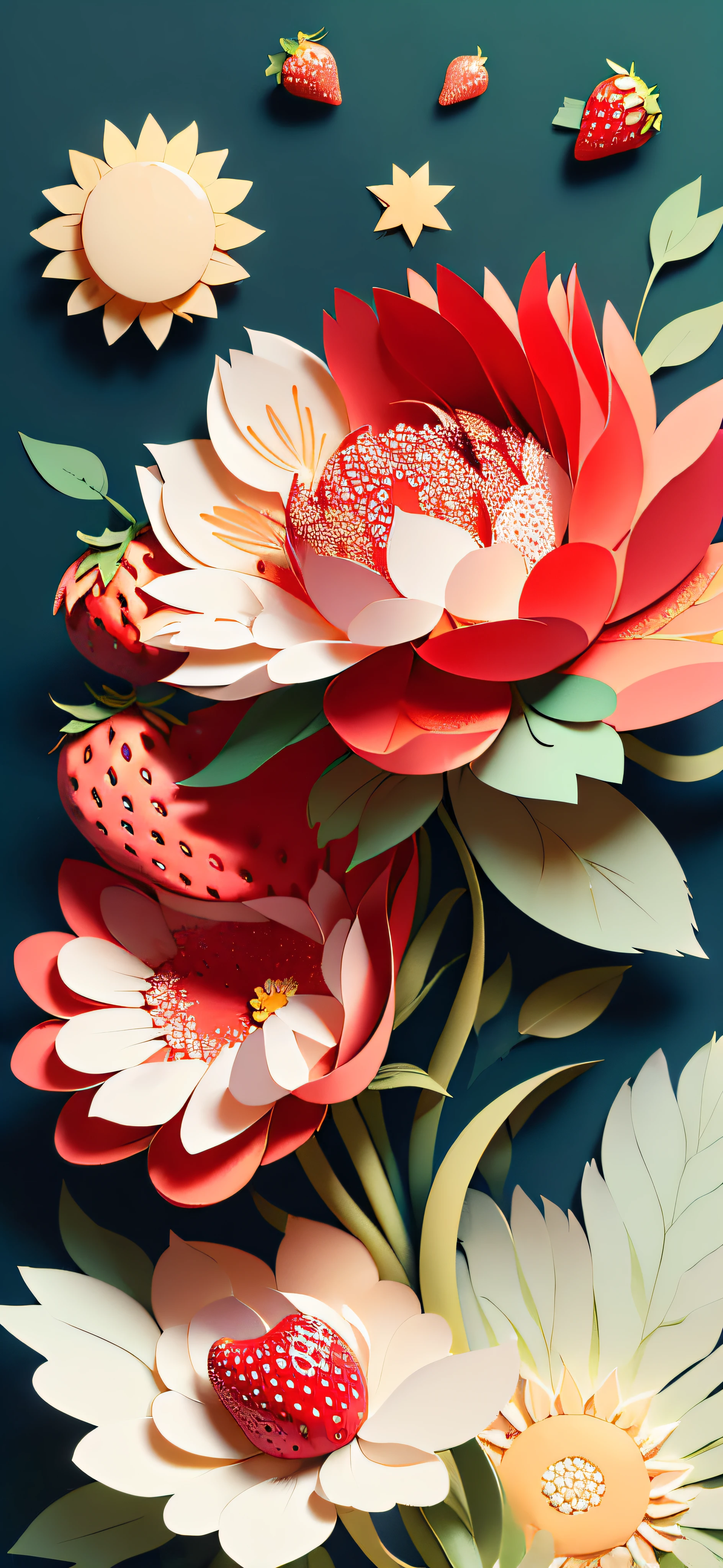 ((((masterpiece))), best quality, illustrations, beautiful details glow,
paper_cut, strawberries, strawberry flowers, sun, sunlight
