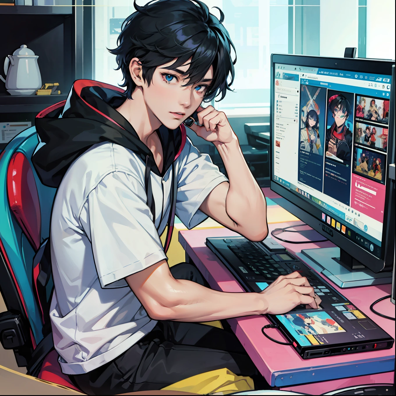 Anime boy calls to talk, ig studios anime style, nightcore, style of anime4 K, High quality anime art style, Anime boy, young anime man, Anime art style, Digital anime illustration, Anime style. 8K, in an anime style, male anime character, Kawasi,best qualtiy:1.0),(超高分辨率:1.0),Anime boys,with short black hair,blue color eyes,sitting in front of the computer,Speak into the microphone,The background is in the esports room,Earphone,The head is close to the microphone,8K