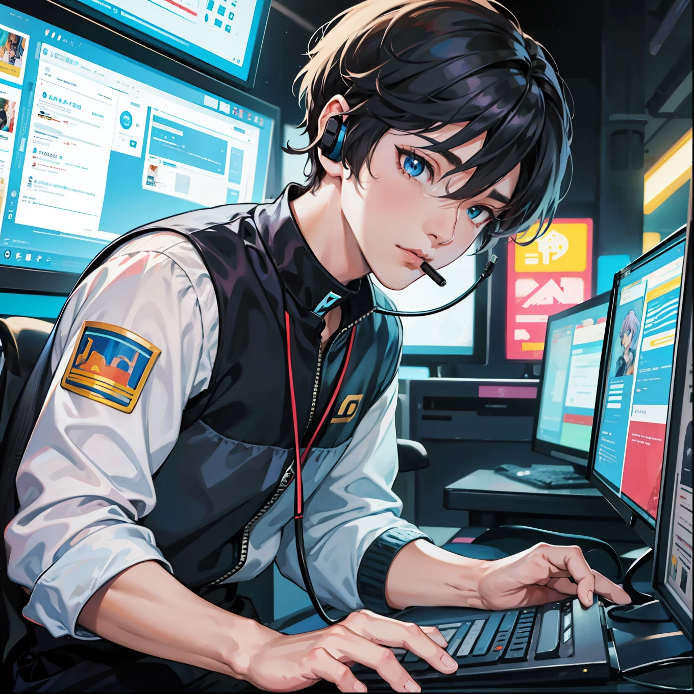 Anime boy calls to talk, ig studios anime style, nightcore, style of anime4 K, High quality anime art style, Anime boy, young anime man, Anime art style, Digital anime illustration, Anime style. 8K, in an anime style, male anime character, Kawasi，best qualtiy：1.0），（超高分辨率：1.0），Anime boys，with short black hair，blue color eyes，sitting in front of the computer，Speak into the microphone，The background is in the esports room，Earphone，The head is close to the microphone,8K