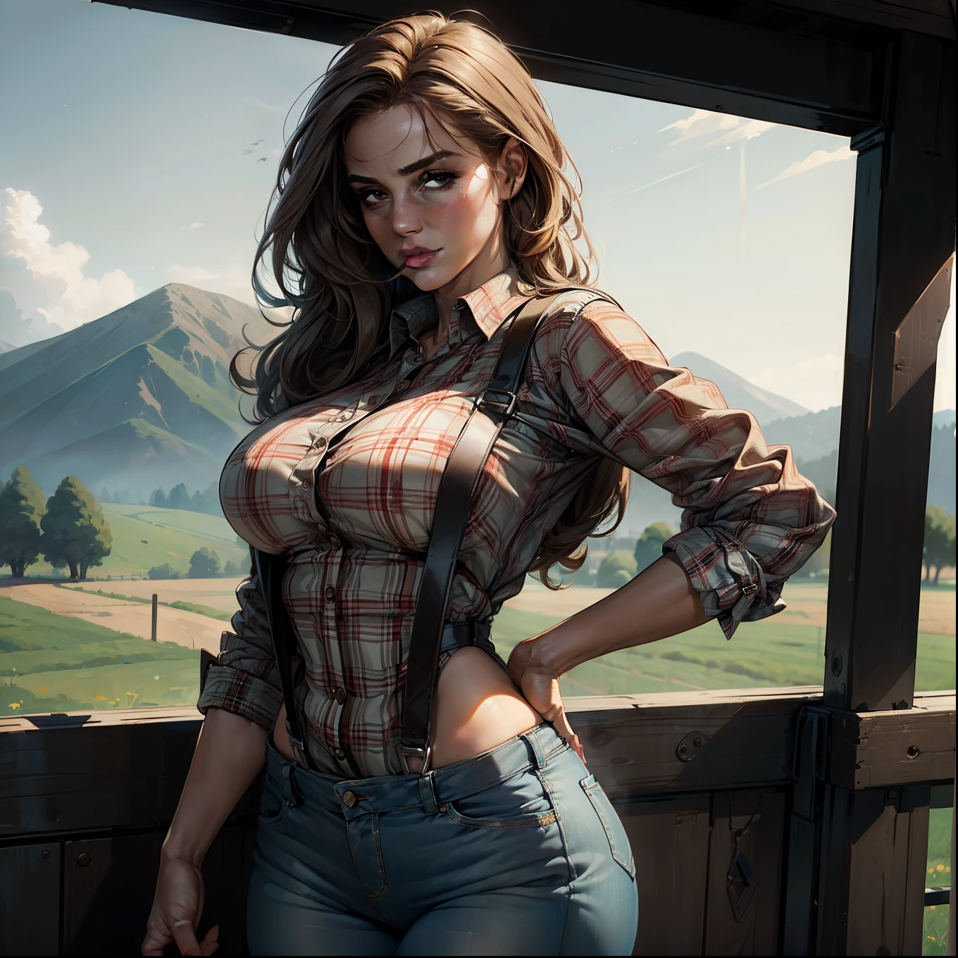 ((best qualtiy, 8K, tmasterpiece:1.3)), Focus:1.2, perfect figure beautiful woman:1.4, Cocked buttocks:1.2, farm land,tractor,Suspender jeans,Plaid shirt,Undo your belt,seductiveexpression,Lick lip