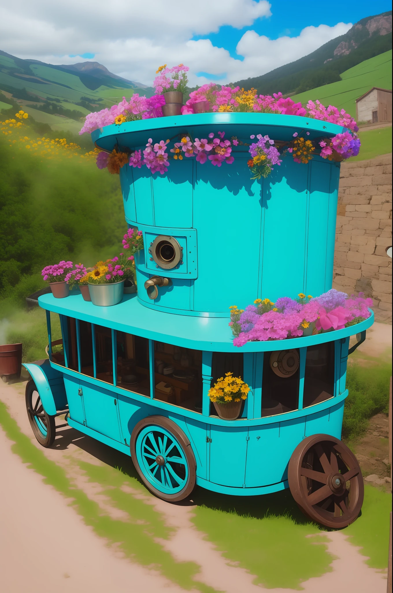 no human, no person, flower workshop, steam punk village, retro mobile sales vehicle, custom, poor visibility, On top of a hill overlooking the village, Fantastic pale real turquoise light, A lot of tubs, little flowers in the tubs,
due to smoke,sky