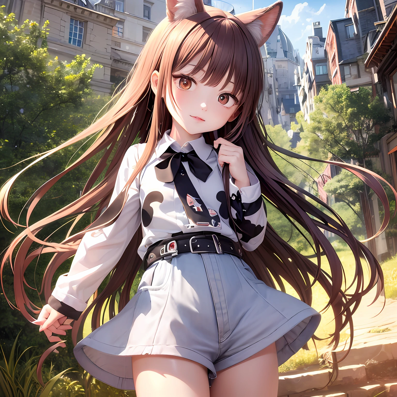 (masterpiece), best quality, ultra-detailed, extremely detailed CG unity 8k wallpaper。The picture is dominated by the moving loli girl，Show off its cute eyes and delicate and beautiful appearance，Cute loli style。The graphic style is light，It can also show a soft emotional atmosphere。wear short shorts，