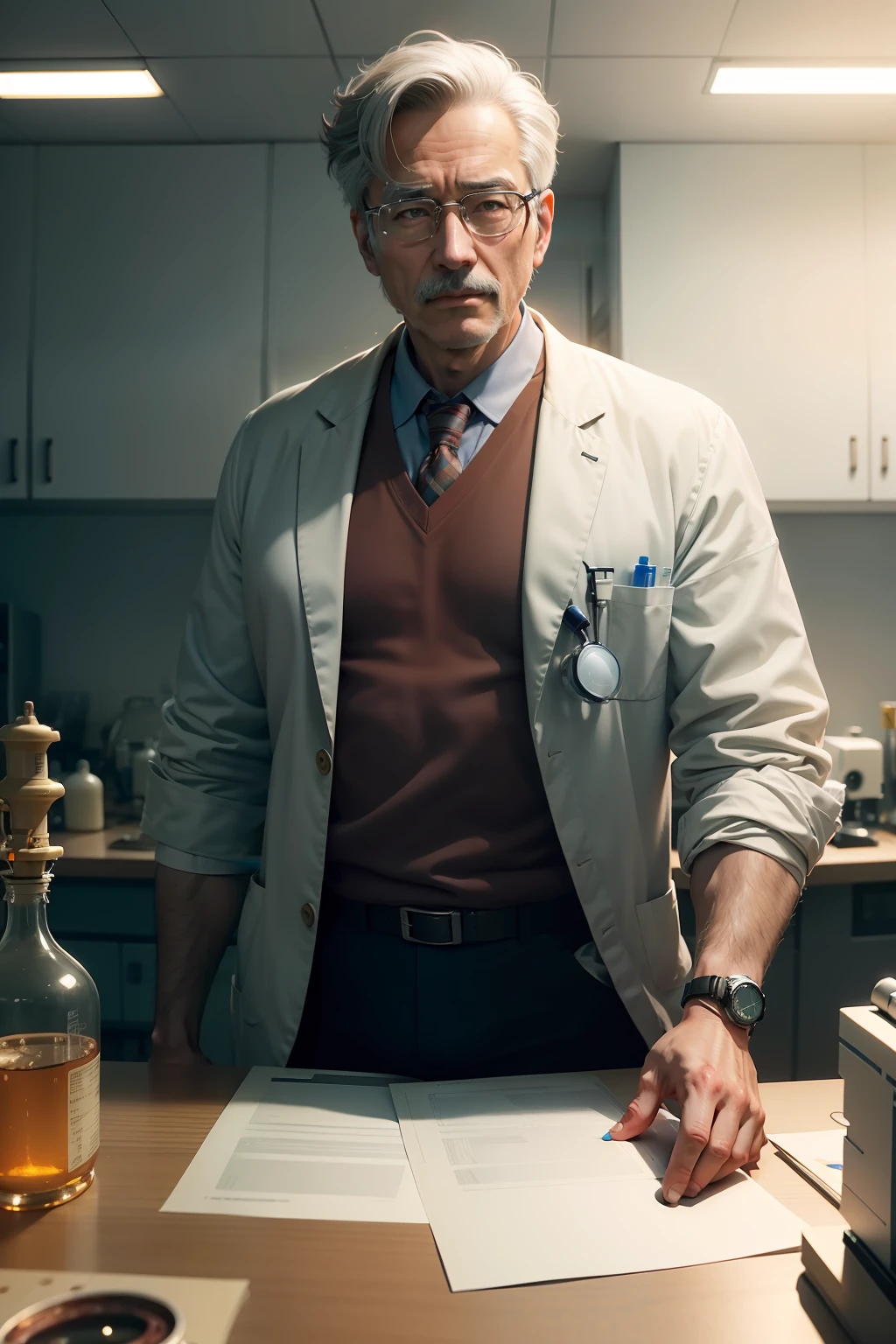 （Ultra-high-definition high-precision Miyazaki-style CG painting，Extremely beautiful，Artistic standards reached their peak），Middle-aged male doctor doing research in the laboratory，There are medical devices on the table，The background has a genetic strand of DNA，（Cinematic picture angles），（Ultra-high resolution path：1.0），8K,