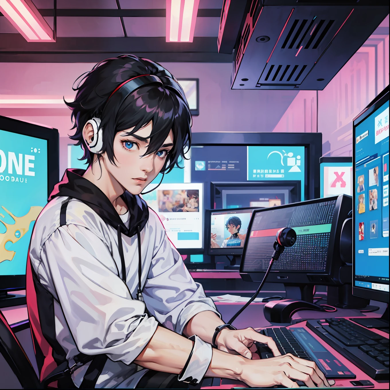 Anime boy calls to talk, ig studios anime style, nightcore, style of anime4 K, High quality anime art style, Anime boy, young anime man, Anime art style, Digital anime illustration, Anime style. 8K, in an anime style, male anime character, Kawasi,best qualtiy:1.0),(超高分辨率:1.0),Anime boys,with short black hair,blue color eyes,sitting in front of the computer,Speak into the microphone,The background is in the esports room,Earphone,The head is close to the microphone,8K