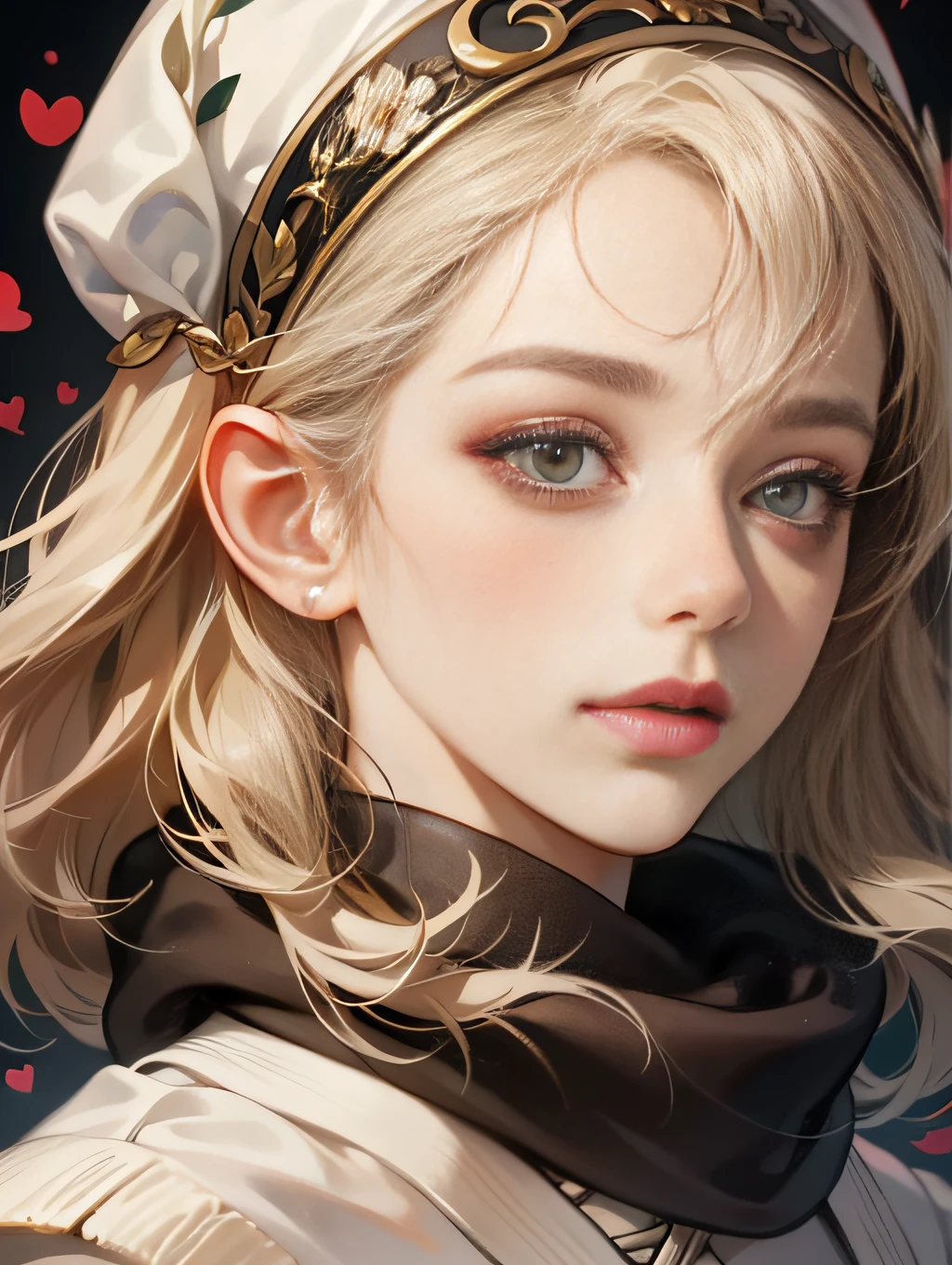 Close-up of a woman wearing a headdress and scarf， close to face， Light-colored hair，Guviz, style of wlop, Guviz-style artwork, beautiful portrait image, valentine, realisticlying，Kawaii realistic portrait, inspired by Jin Nong, high quality portrait, Popular Korean makeup
