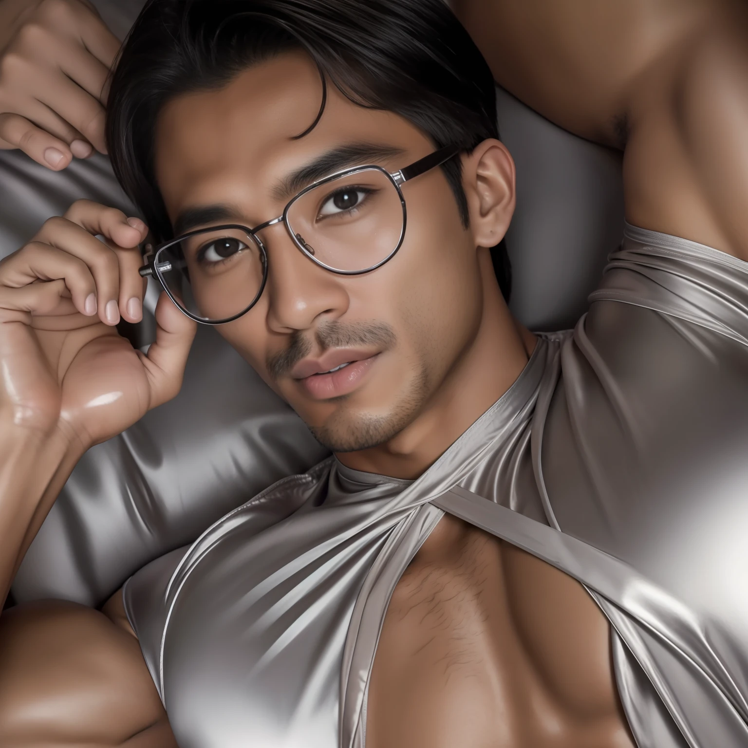 Asian Male,Soio, person,a handsome,so sexy,realisticlying,Brown-skinned,eye glasses,Metallic Silver Full Body Tights,Erect penis,Large amount of sperm,Chest soaked,Glossy silver silk satin,Enraptured look,Sigh,put out the tongue,well-muscled,A detailed face,A detailed face,Detailed body,Detailed ,top-quality,An ultra-high picture quality,highly accurate,Appreciation of masterpieces