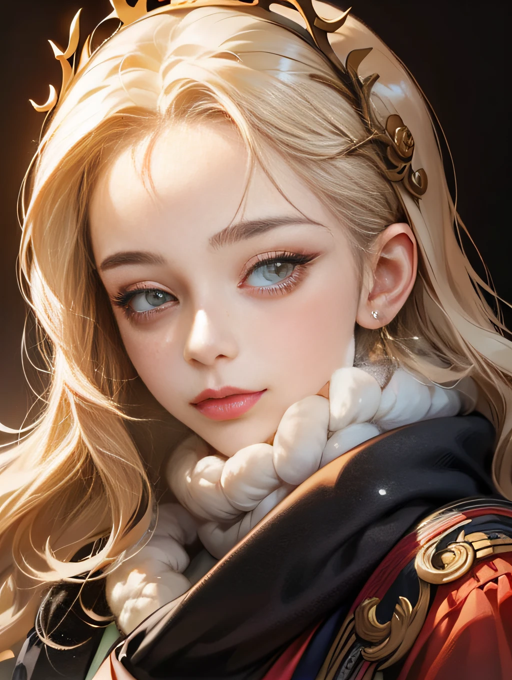 Close-up of a woman wearing a headdress and scarf, close to face, Light-colored hair,Guviz, style of wlop, Guviz-style artwork, beautiful portrait image, valentine, realisticlying,Kawaii realistic portrait, inspired by Jin Nong, high quality portrait, Popular Korean makeup
