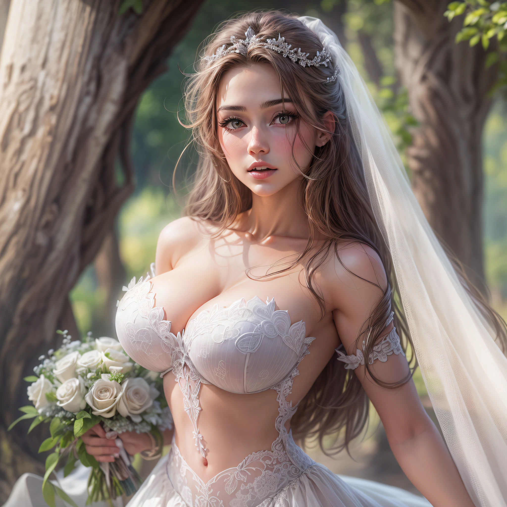1 Beautiful girl, Beautiful girl of the highest grade, Realistic, extremely detailed CG unified 8k wallpaper, ighly detailed, High-definition raw color photos, professional photograpy, Realistic portrait, Cinematic Light, Beautiful detailed, (Naked:1.5), Beautiful big breasts, breasts details, (cleavage of the breast:1.2), Bare shoulders, (beautiful wedding dress with a wide open chest:1.4), No bra, No panties, (cameltoe details), Outdoors, Beautiful Landscape Forest, castle, stare, (Best Quality:1.4), super detail, high quality, masterpiece, upper body,