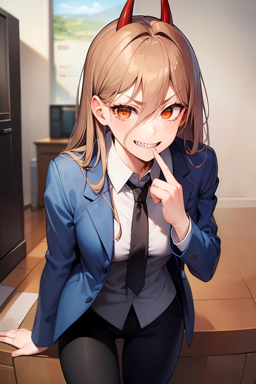 (masterpiece, best quality:1.2), cowboy shot, solo, 1girl, power \(csm\), sharp teeth, grin, looking at viewer, cross-shaped pupils, blue jacket, collared shirt, black necktie, black pants