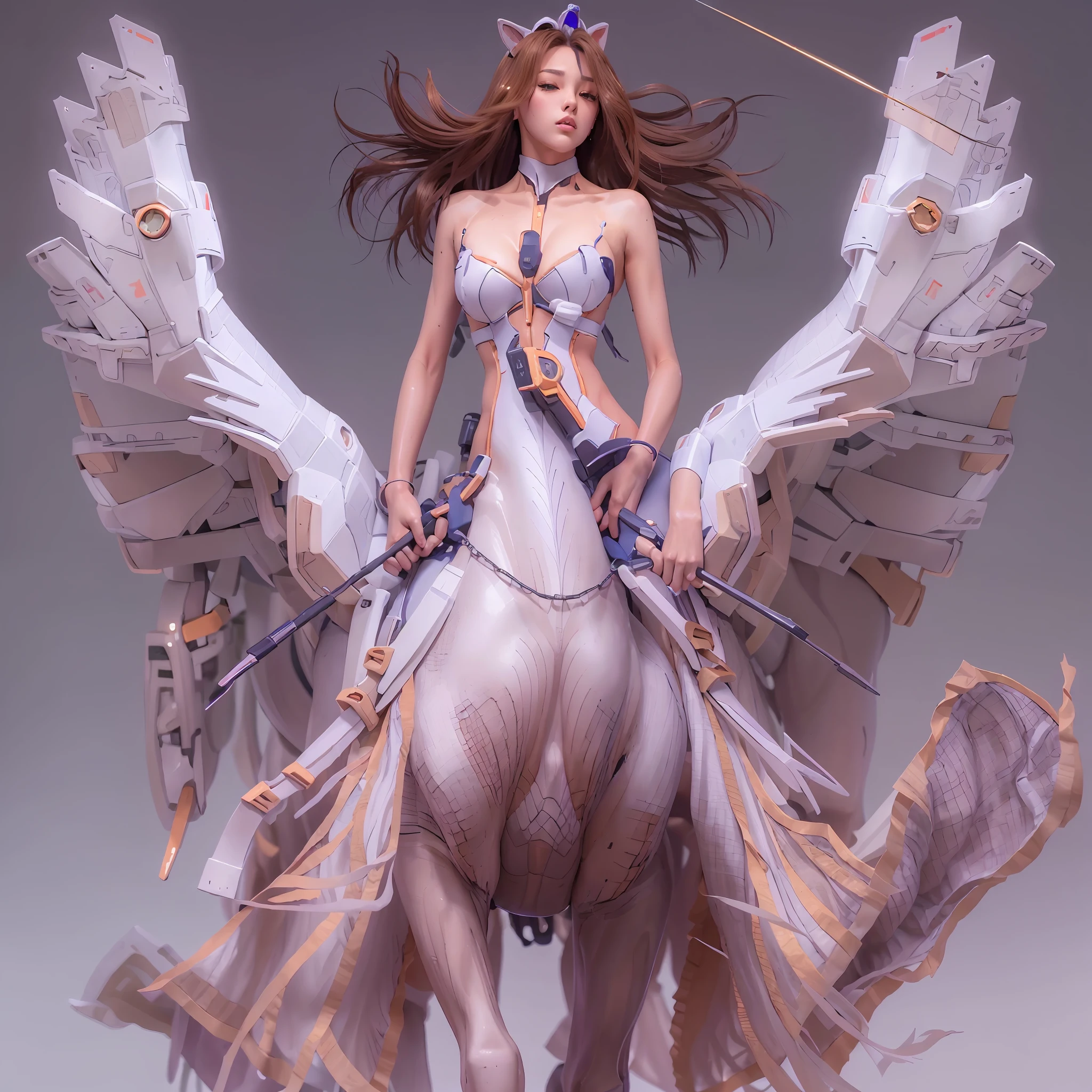 A female centaur,She is famous in the multiverse,She is both a female centaur, half human, half horse, half horse,It is also a female Yingzhao。She blends both images,The first is the head of a horse/neck/Shoulder these parts,After feminization,The upper body transforms into a beautiful female human,Female, half-centaur, half-human, half-horse, half-human,The second is the waist of the horse/hason/gluteal/Legs feminine,Female half-horse with beautiful woman's,Chimer,It's like a female human wearing a half-horse-like costume and making a seamless chimera,This chimerization is based on powerful futuristic technology。The ultra-wide-angle lens captures the image of her sleek and ethereal wings charging and leaping on the ionosphere。Her front half is distinctly feminine,Tall sexy body,Has K cup teardrop-shaped giant tit chest,It has a small man's waist butterfly spanning long legs,The half-horse part of the hind body,Embedded interface in the front half of the body hip position。The back half of her body is horse-shaped,Half-horse torso,The morphology is completely female and humanized,Start at the upper end of the sternum,Embedded in the lower back position of the beauty body,Sexy bent dog style shaped chest/lower back/Ventral transverse,Then there are the sexy beauty's upright hips,Her entire body has been completely feminized,Including the half-horse part,Mechanized armor covers the knee-shaped anti-joints and feet,And these parts are highly anthropomorphic,This gives her legs a graceful and slender line,She has four slender legs like a supermodel,Under the legs are skinny white feet dressed in Skyscraper Heels,Use Midjourney's advanced stroke tools and color palettes, as well as texture packs, model packs, and texture tools,Concentration,Femaleize all parts of her original equine physiologic appearance,And give these parts an ergonomic appearance,Fine treatment of the thoracic and abdominal cavity of the posterior body,As well as hips and legs,Tightly connected details