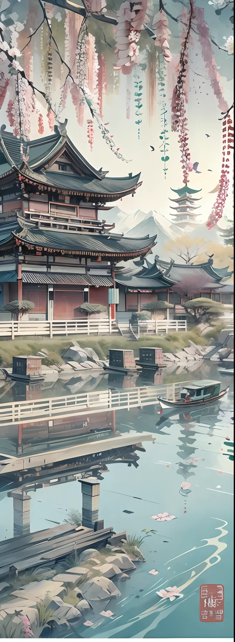 (8k, Best quality at best, high rise:1.1), (Beijing-Hangzhou Grand Canal), spaceship with Chinese palace, Flying spaceship,Jiangnan water town style, (A gallery documenting the history of the Beijing-Hangzhou Grand Canal in the famous city of Jiangnan), (Sparkling river, pylons, Reflection of the river), blue-sky, mountain in the distance, Willow trees and plum blossom scenery by the river, (On both sides of the river are bustling streets), (There were many people gathering in the streets), Alien,Mountains on top of each other, (The prosperous port of the Beijing-Hangzhou Grand Canal during the Tang and Song dynasties:1.2), ((freighters)), (A bridge connecting the two banks), Bridges in ancient China, Ancient Chinese houses, It is surrounded by greenery, lindo cenario, (tmasterpiece, Best quality at best, More details, plumw, realisticlying, realisticlying, A detailed, Clear focus, cinmatic lighting), ray tracing, Ultra-Wide Angle, 4k, award winning,east_asian_architecture