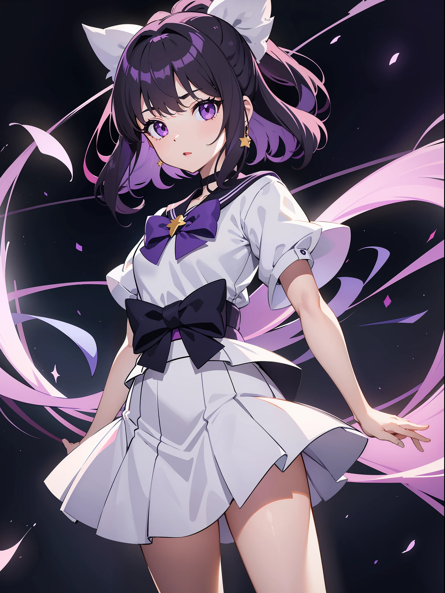 Hotaru Tomoe is a small girl with dark violet hair, has very pale skin, wears a white shirt with a bow in the middle and a detail of a purple star, It also contains a purple skirt with a cross pattern of the same color, juntamente com um minishort, Anime Sailor moon